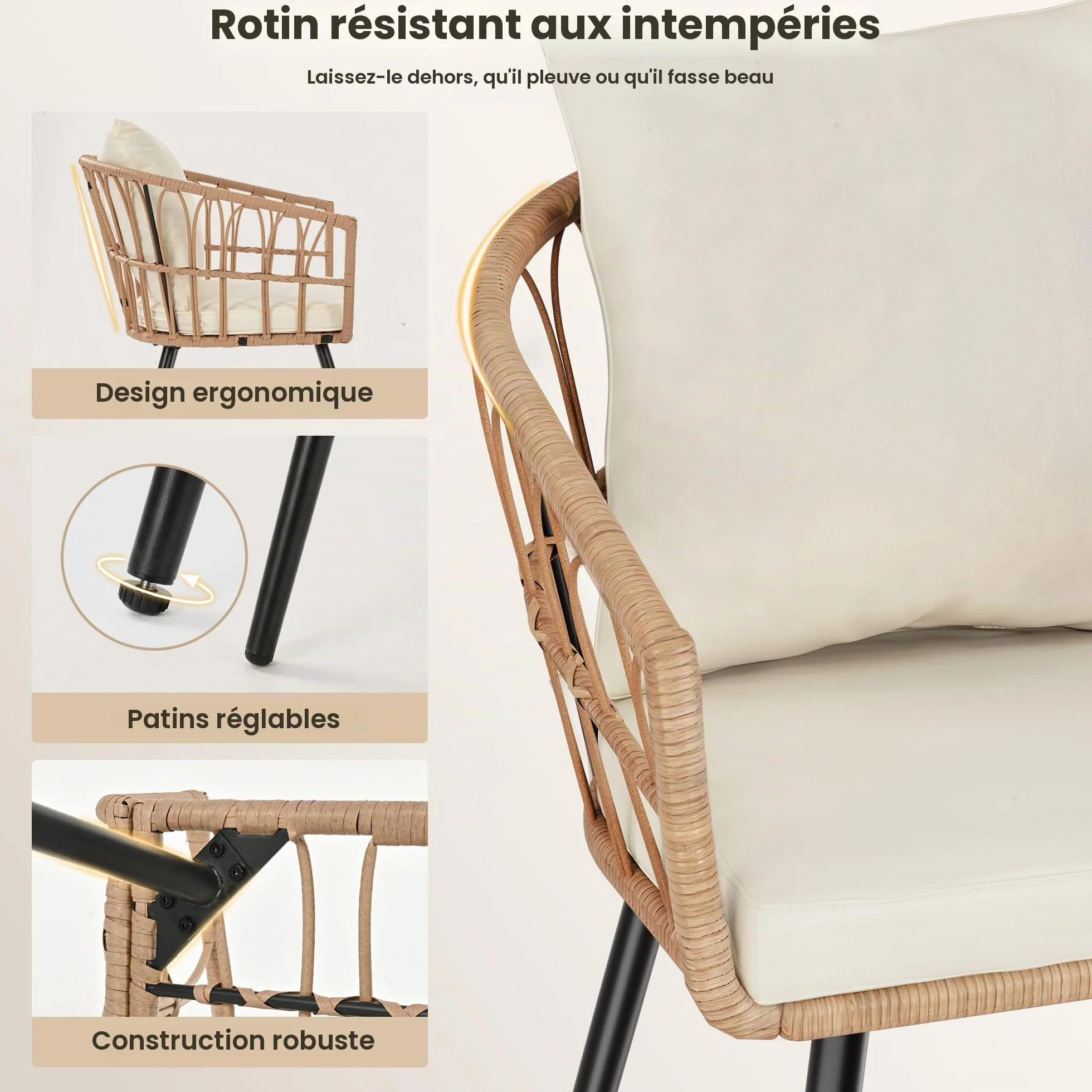 Pamapic Salon de Jardin 3 Pièces Ensemble Meubles de Jardin en Rotin avec Table Ronde et 2 Chaises