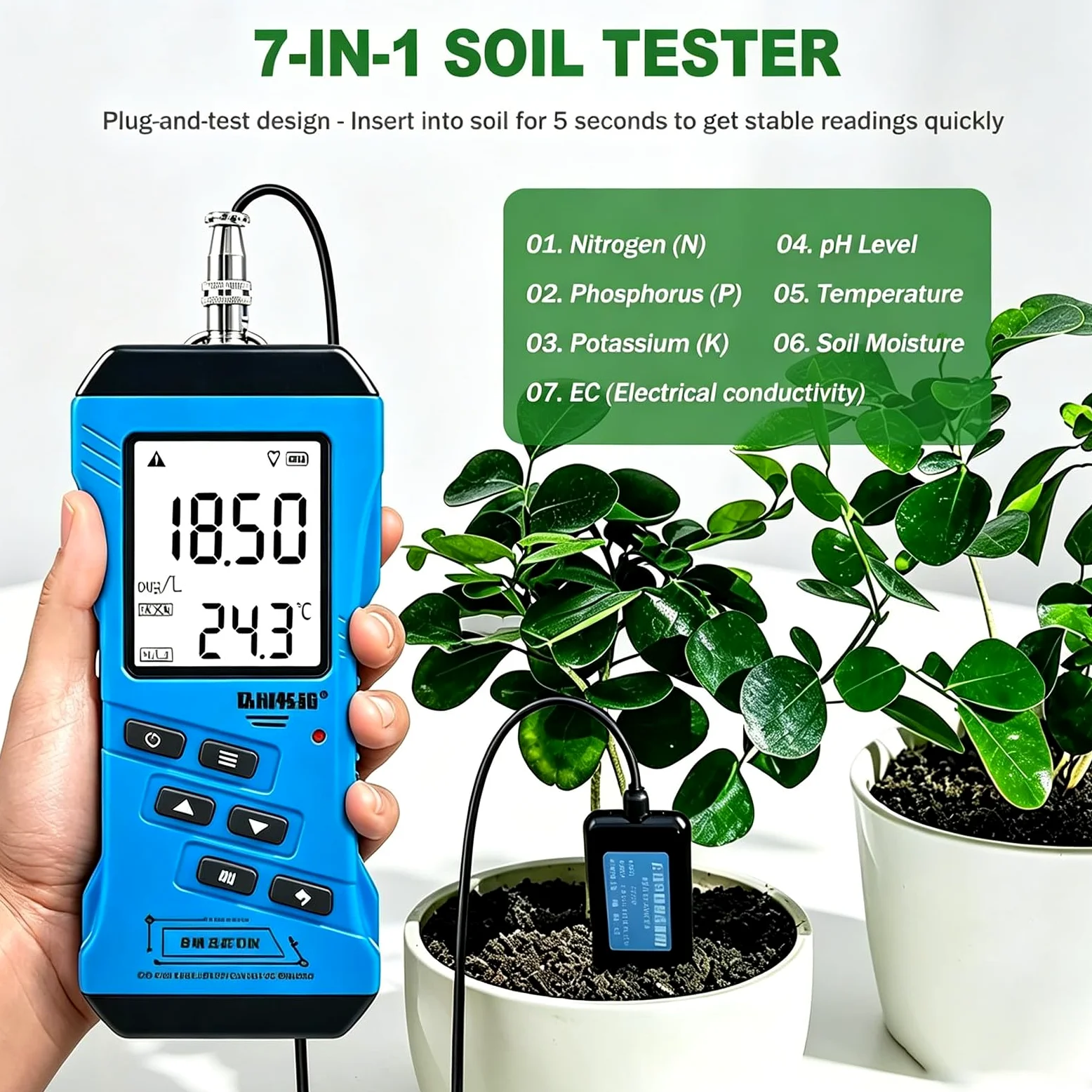 Kit numérique d'analyse de sol pour plantes, Testeur d'humidité, NPK, pH et conductivité : précision laboratoire, facile à utiliser, économies (pas de frais labo). Usage intérieur/extérieur, durable