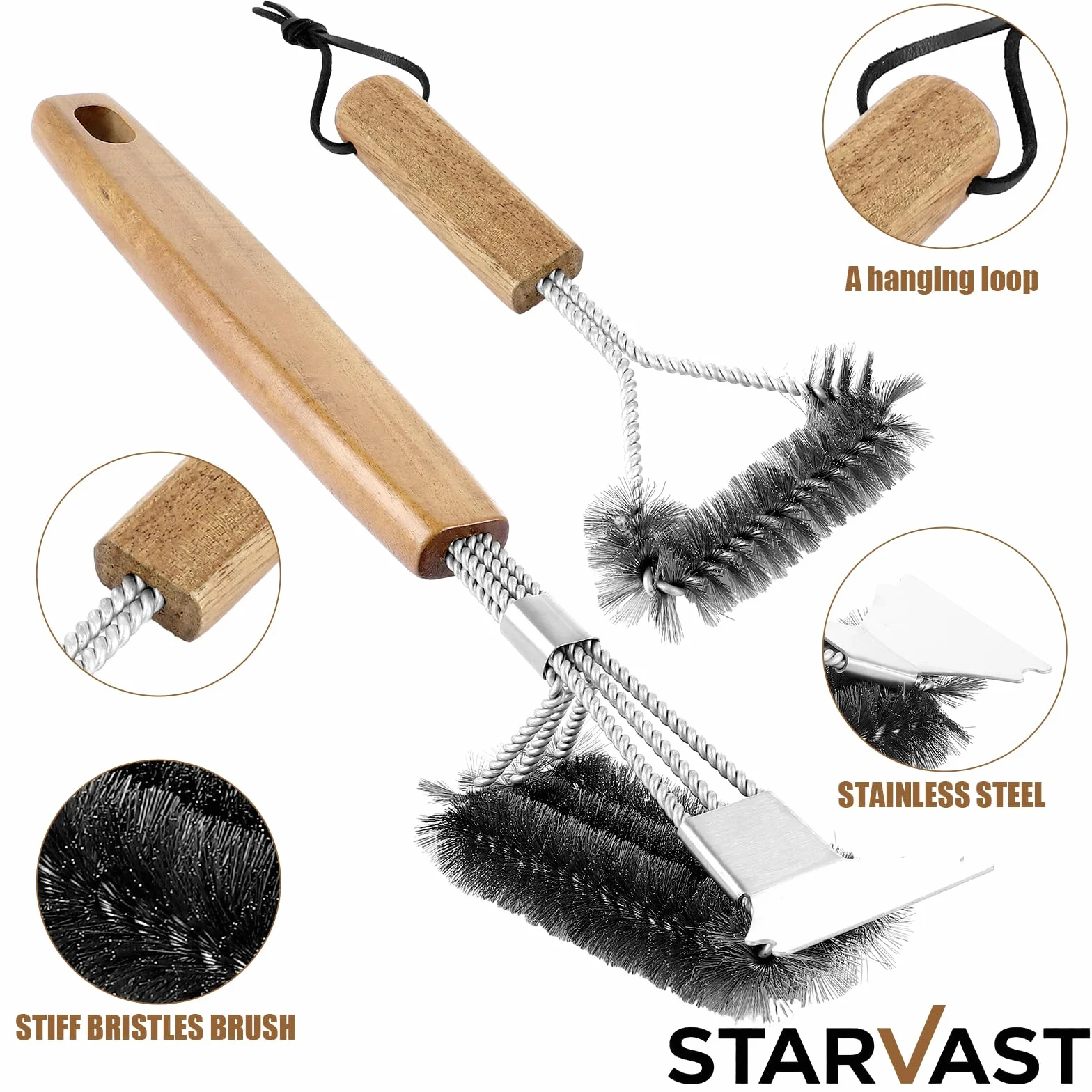 Brosses de nettoyage barbecue 39 cm manche bois acier inoxydable Lot de 4