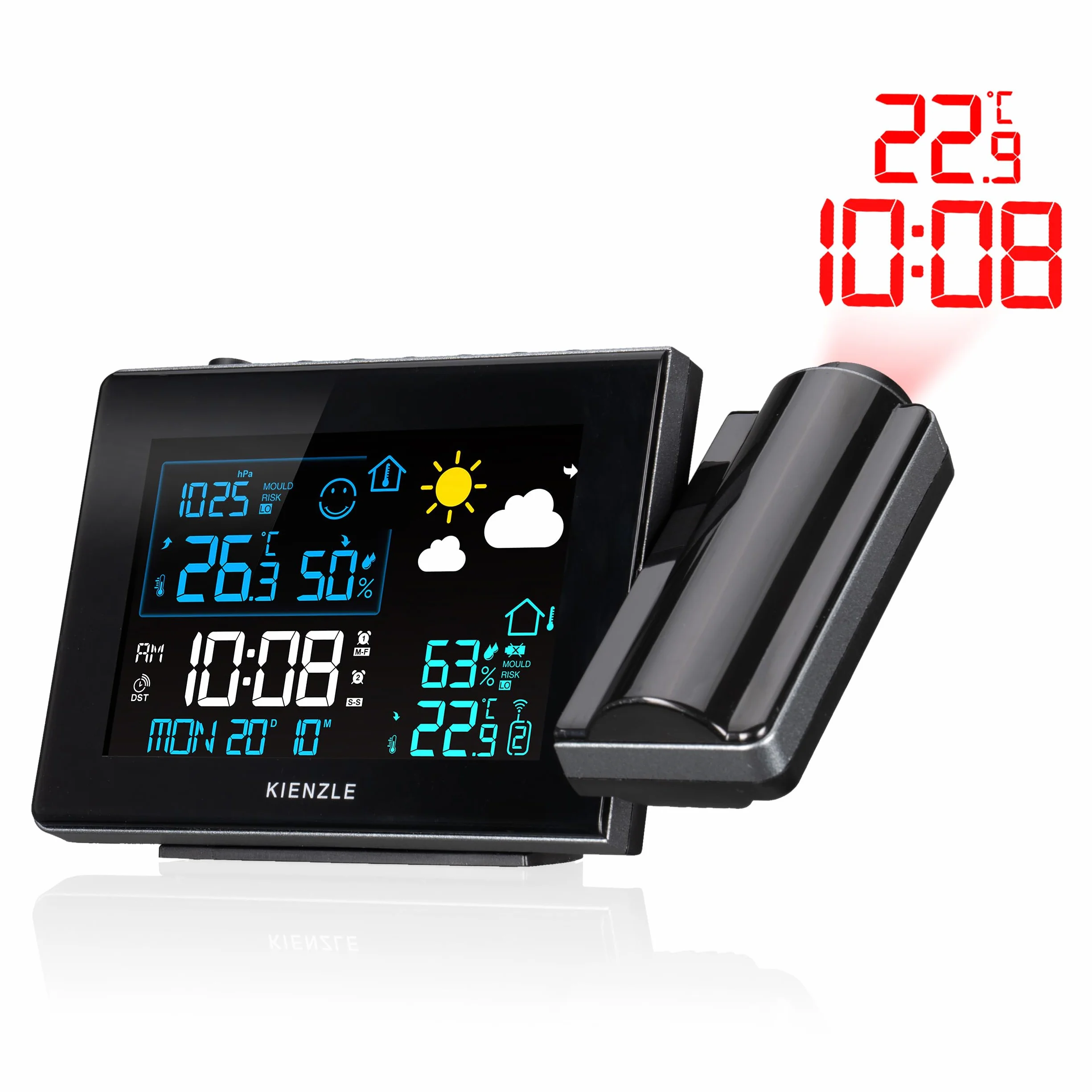 Station météo radio-pilotée Kienzle avec projection, écran couleur, capteur extérieur, alerte moisissure, 2 alarmes | Kienzle Station météo sans fil avec projection, indice moisissure