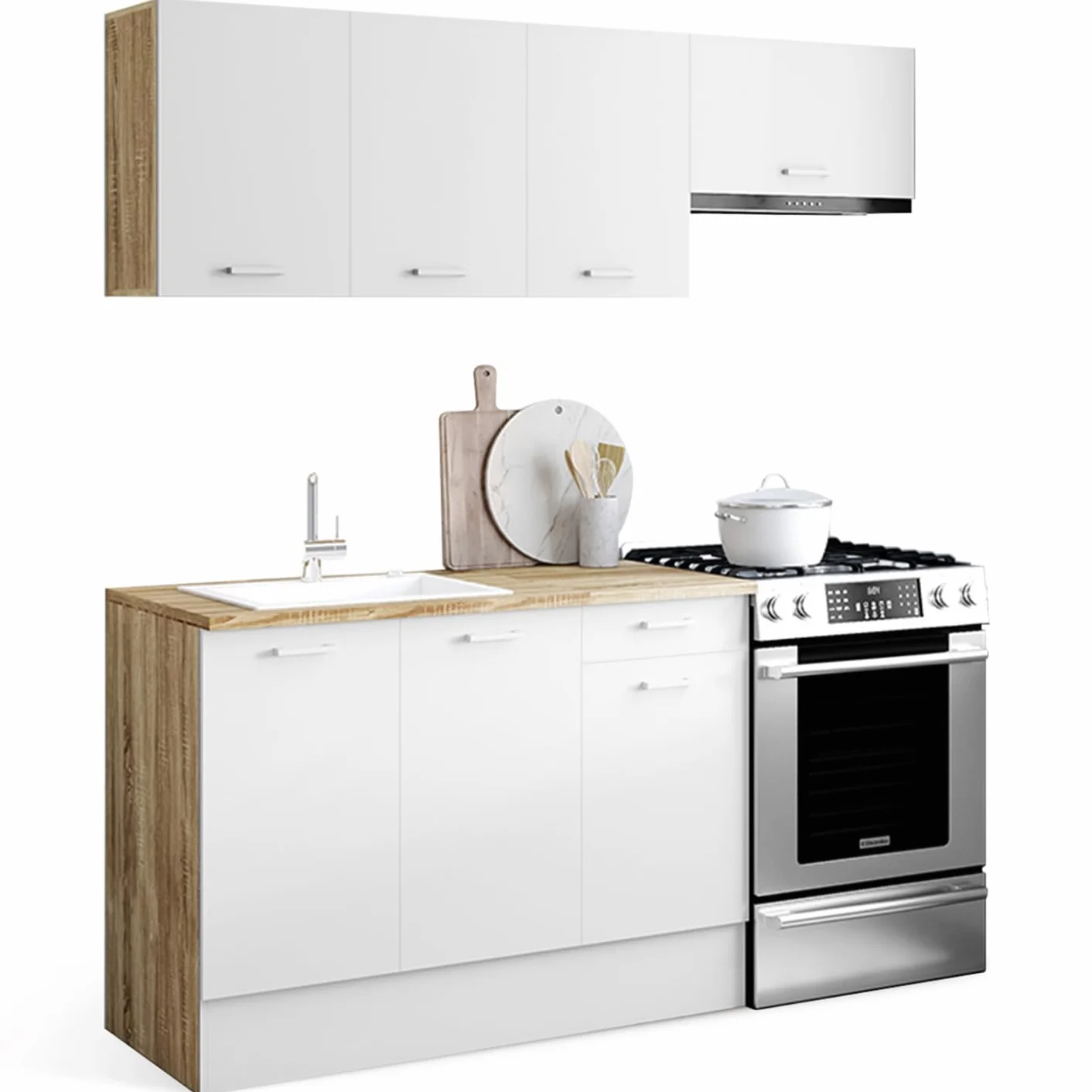 Cuisine complète 180 cm Subtil Plan de Travail 5 éléments Bois Blanc