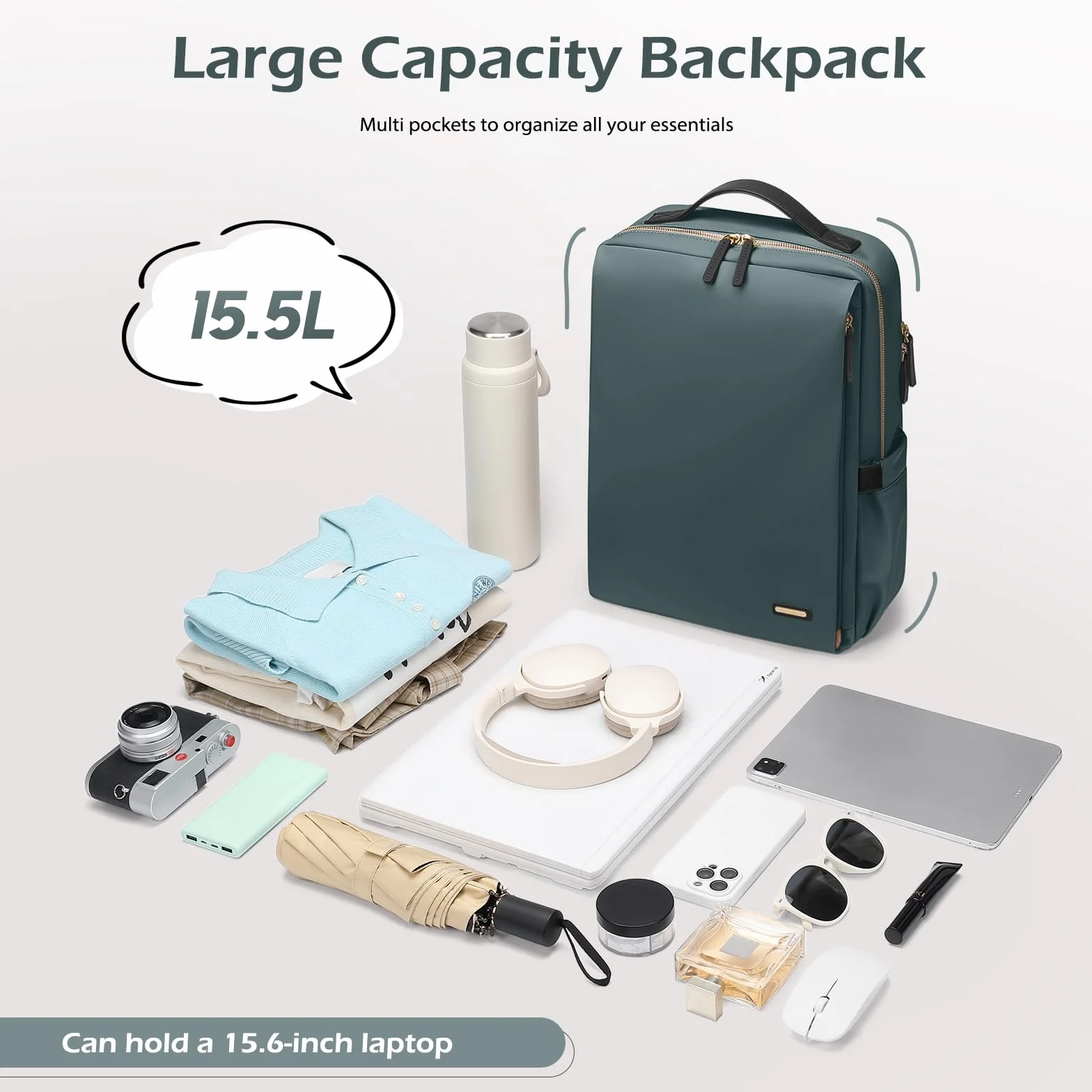 Sac à Dos Ordinateur Portable 15,6 Pouces Voyage Travail École Vert Foncé
