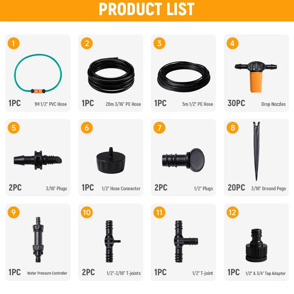 Hoteche Système d'irrigation goutte à goutte avec 30 goutteurs réglables, tuyau de 20 m, adaptateur et accessoires pour jardin/serre