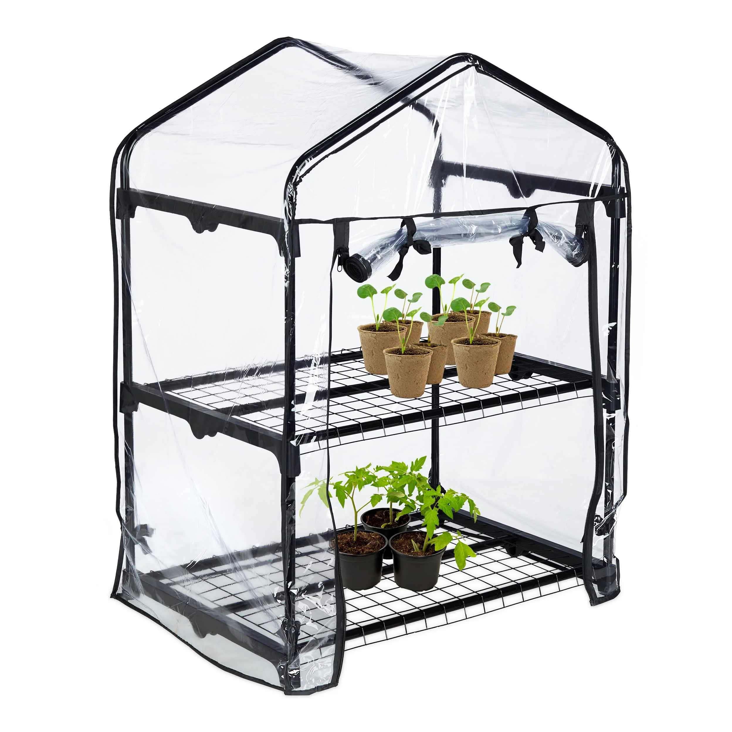 Relaxdays Serre de Balcon, bâche en PVC, Acier, HxLxP : 94x69x49 cm, étagère pour Plantes sur 2 étages, Noir-Transparent