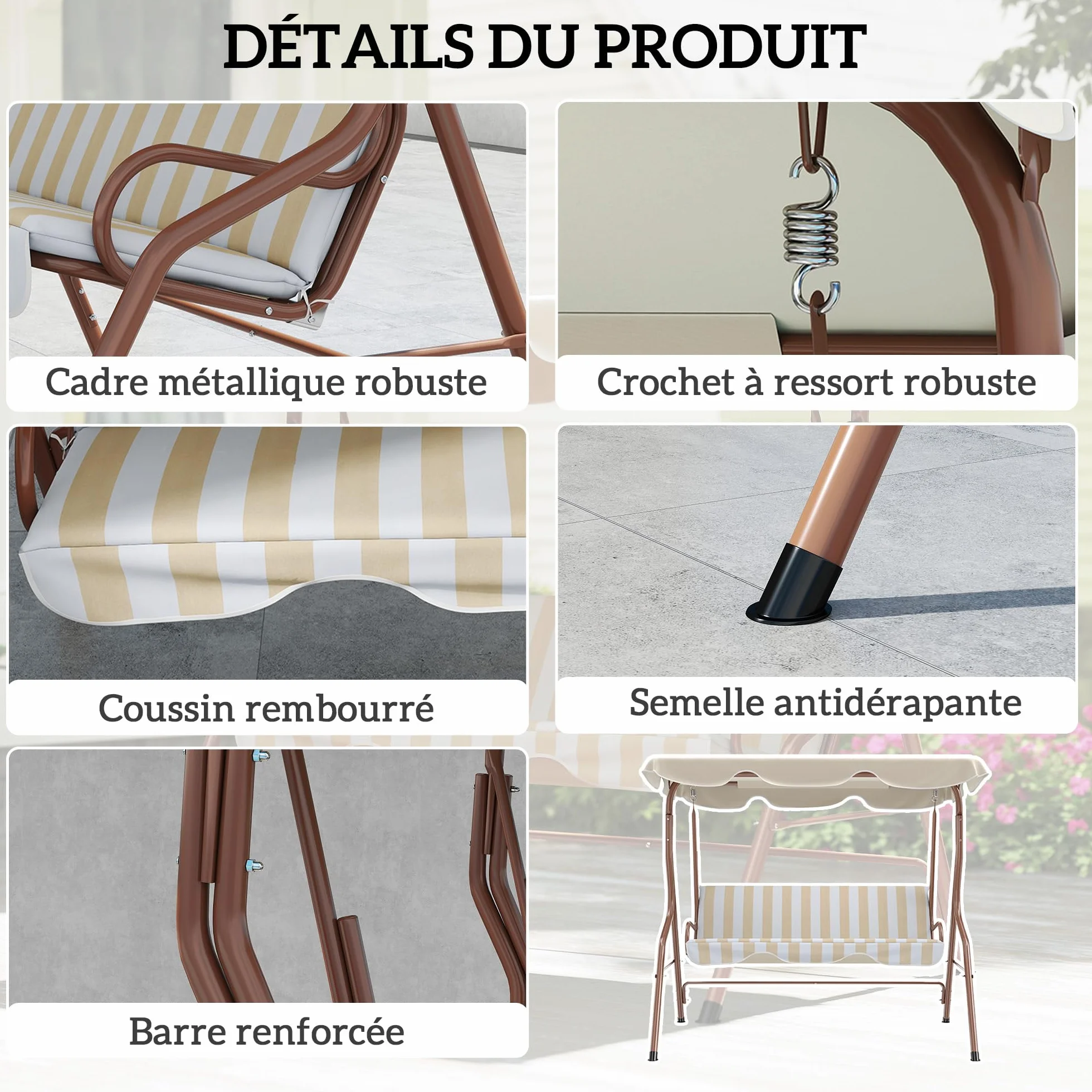 Outsunny Balancelle de Jardin 3 Places Toit imperméabilisé Inclinaison réglable Acier Polyester Marron crème rayé