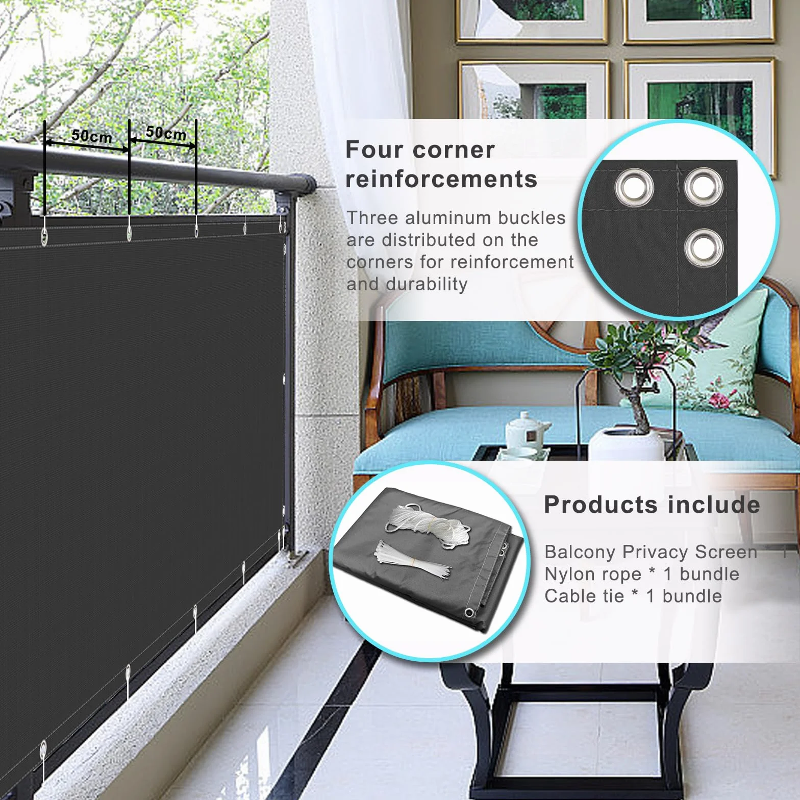 Brise Vue Balcon 1.2x1.5m Gris foncé Couverture de Écran Jardin Résistant au Vent UV Protection Vie Privée Oeillets Cordons