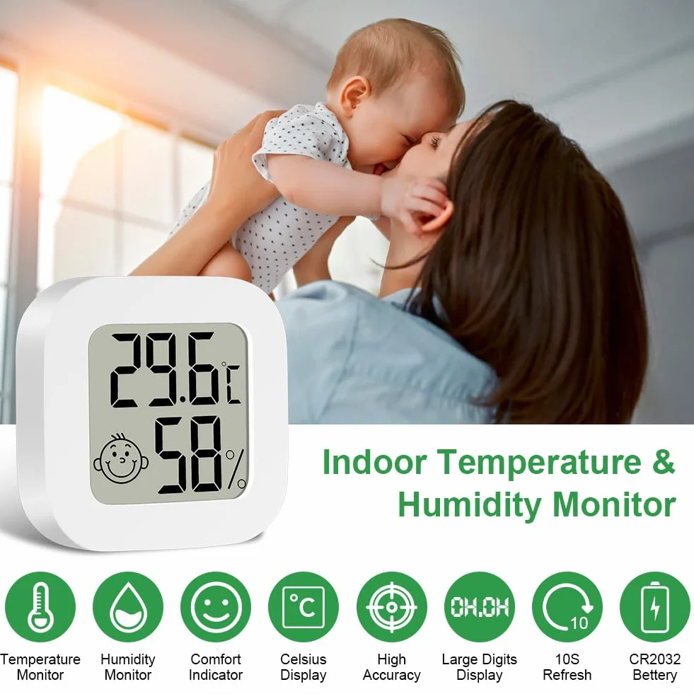 Ainiv Thermomètre Hygromètre Intérieur, Mini LCD Termomètre Maison, Moniteur de Température et Humidimètre, Blanc