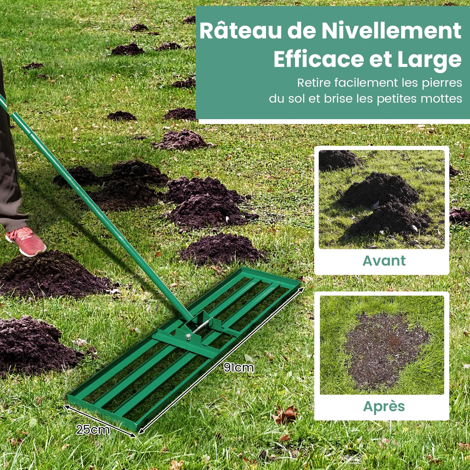 COSTWAY Râteau de Nivellement de Pelouse en Métal 91 x 25 cm, Vert | Râteau de Jardin avec Poignée de 170 cm, Outil de Niveau de Pelouse pour Jardin CourTerrain de Golf Ferme
