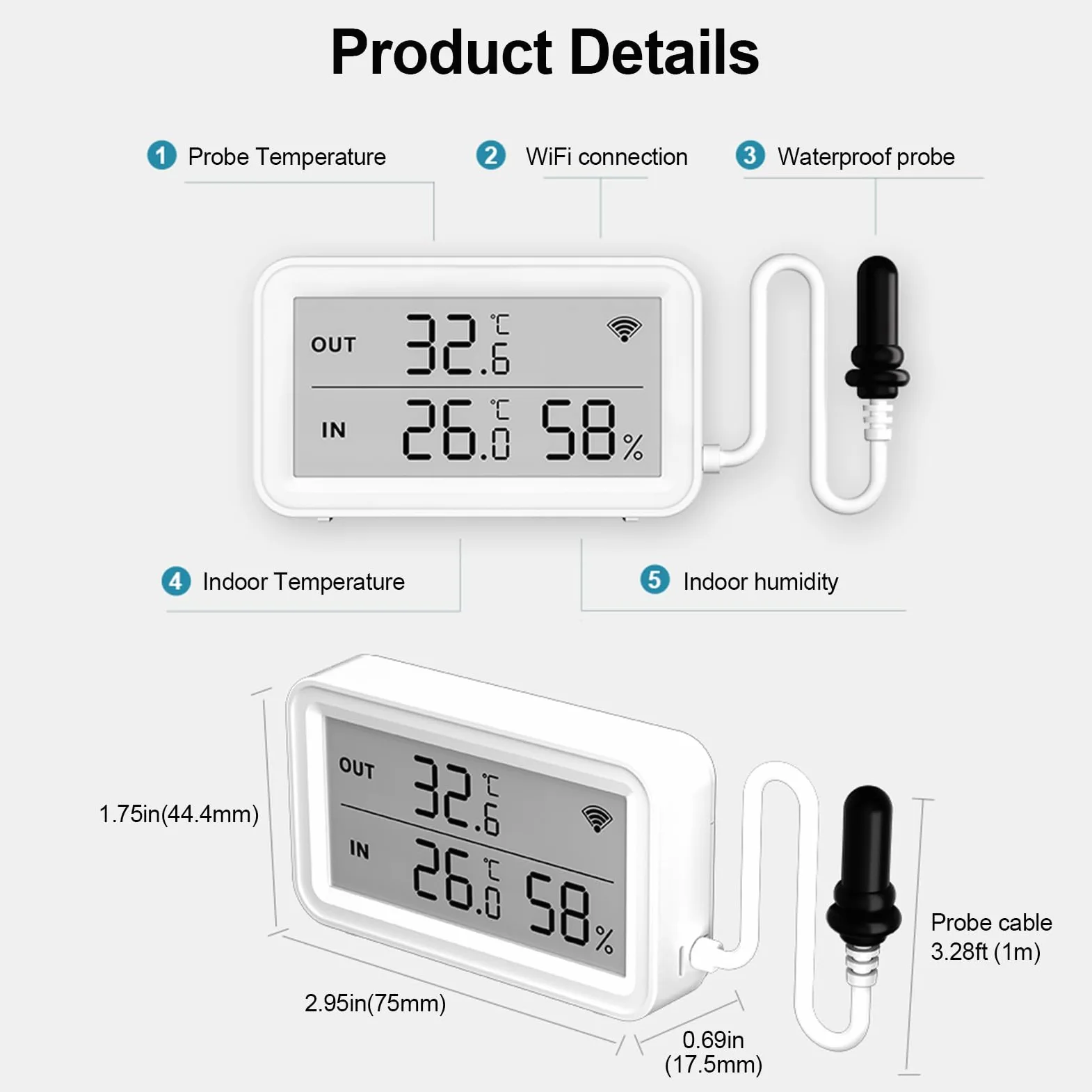 Thermomètre Hygromètre WiFi avec Sonde, Capteur Intelligent avec Alerte App | Capteur de Température et Humidité, Écran LCD, Stockage de Données, Idéal pour Frigo Réfrigérateur Aquarium Serre, Lot de 2