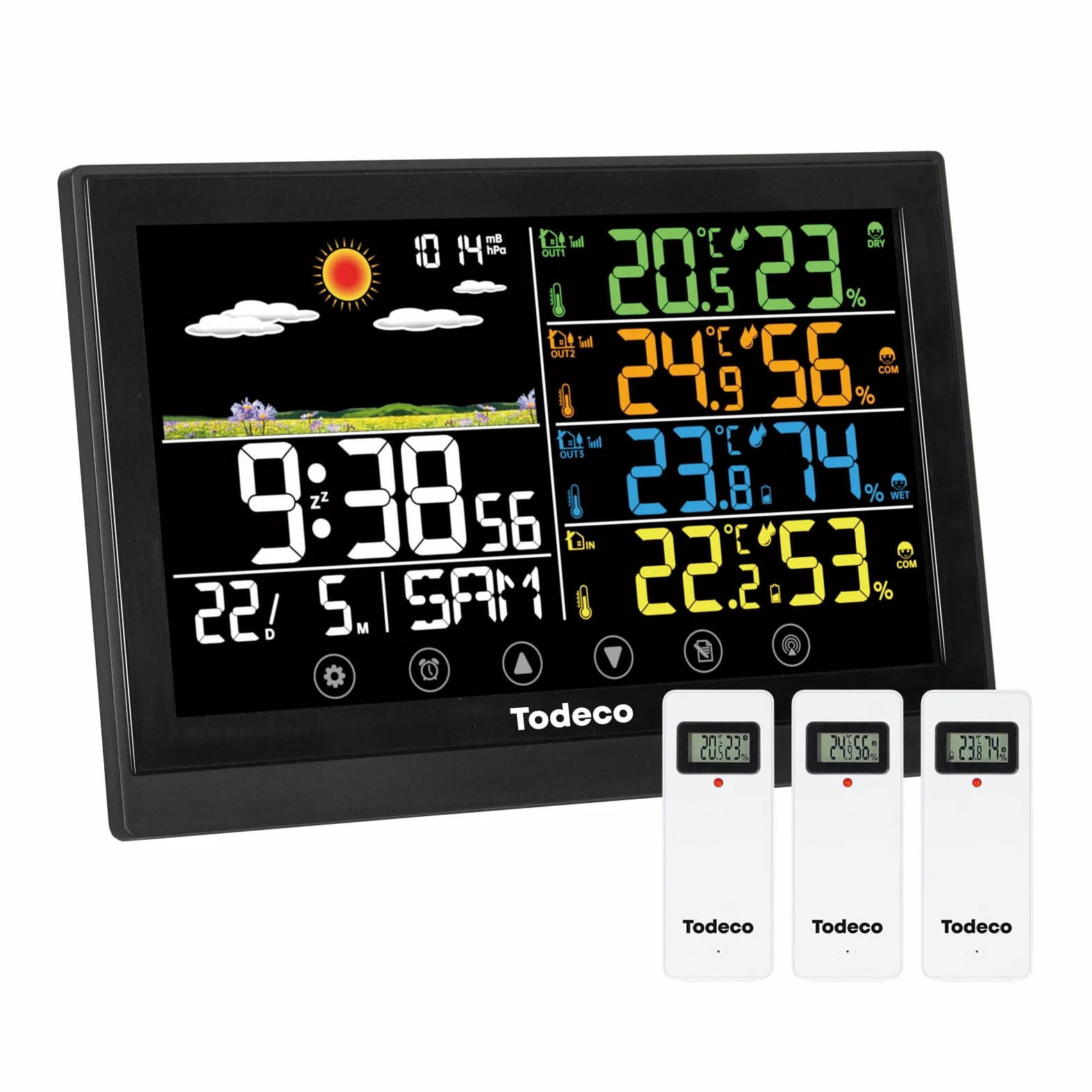 Todeco Station Météo Sans Fil avec 3 Capteurs et Écran LCD Couleur | Température et Humidité, Baromètre, Prévisions Météo, Heure, Calendrier, Réveil avec Snooze, Alimentation Secteur ou Piles
