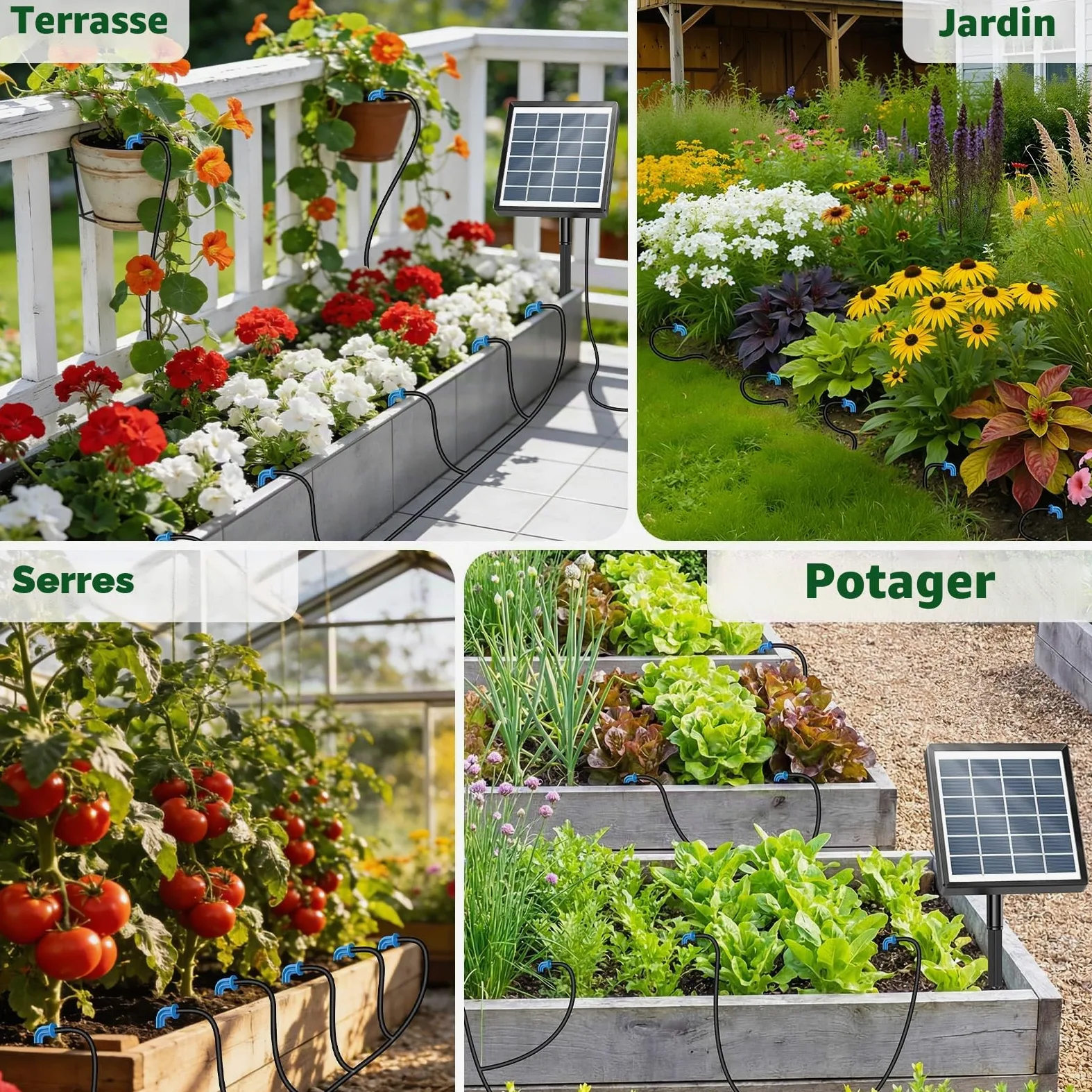 Kit d'Arrosage Automatique Solaire, Système Goutte à Goutte 15m | Avec Tuyau, Seau et 10 Pots de Fleurs, Programmateur Automatique pour Vacances, Balcon et Plantes en Pot