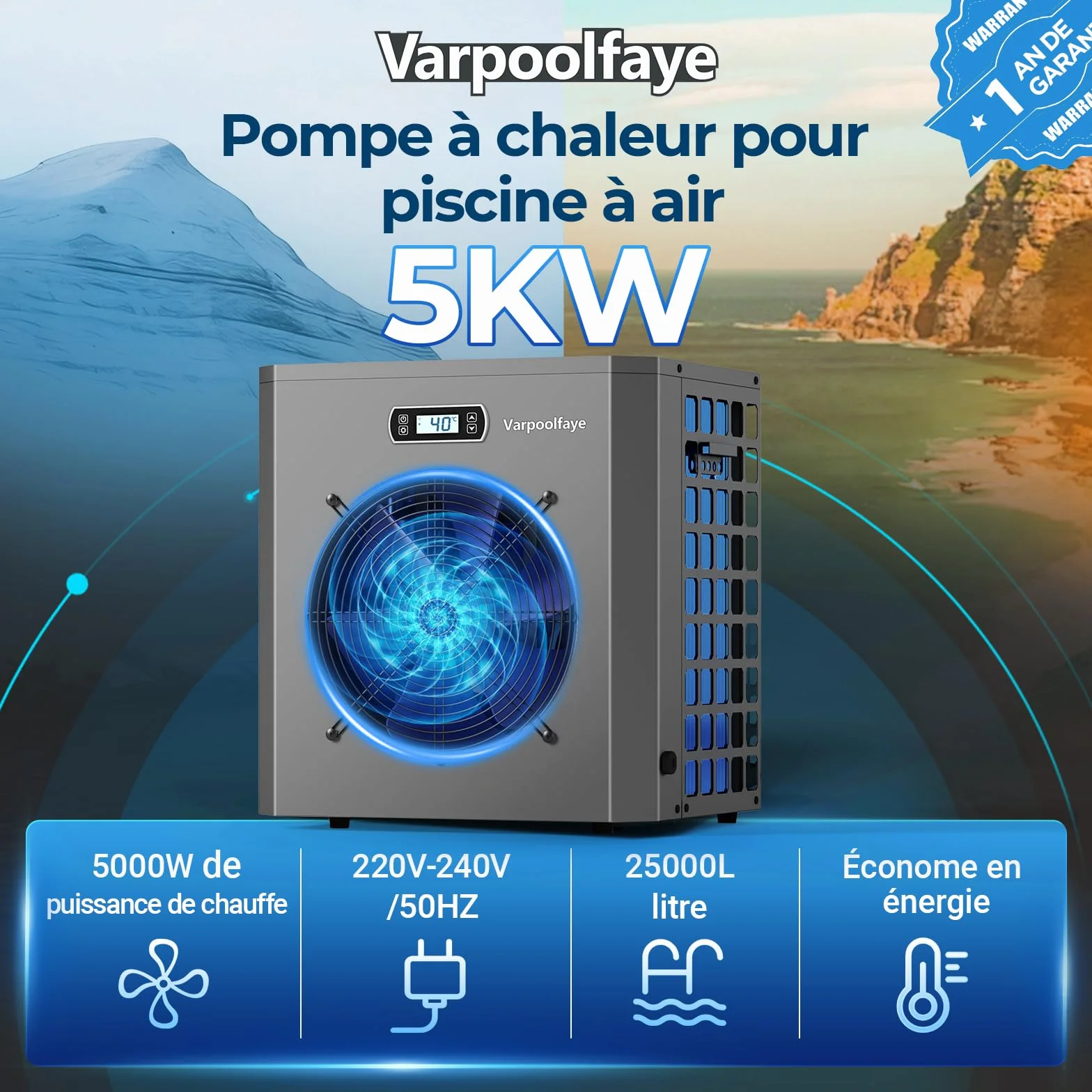 Pompe à chaleur électrique piscine 5 kW 20 m³ contrôle WiFi 220 V 240 V 50 Hz