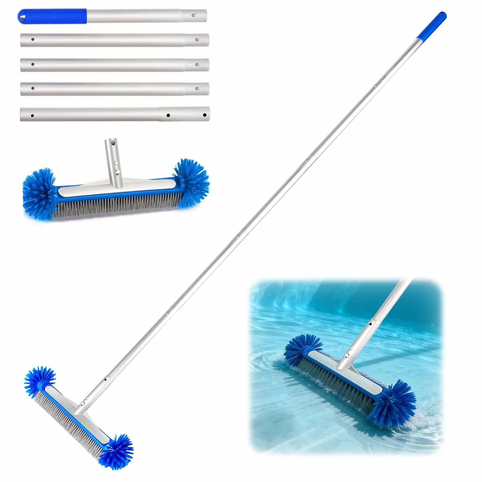 Brosse Piscine Ronde Nettoyage avec Tige Télescopique Tête Détachable Poils Robustes Fond Parois