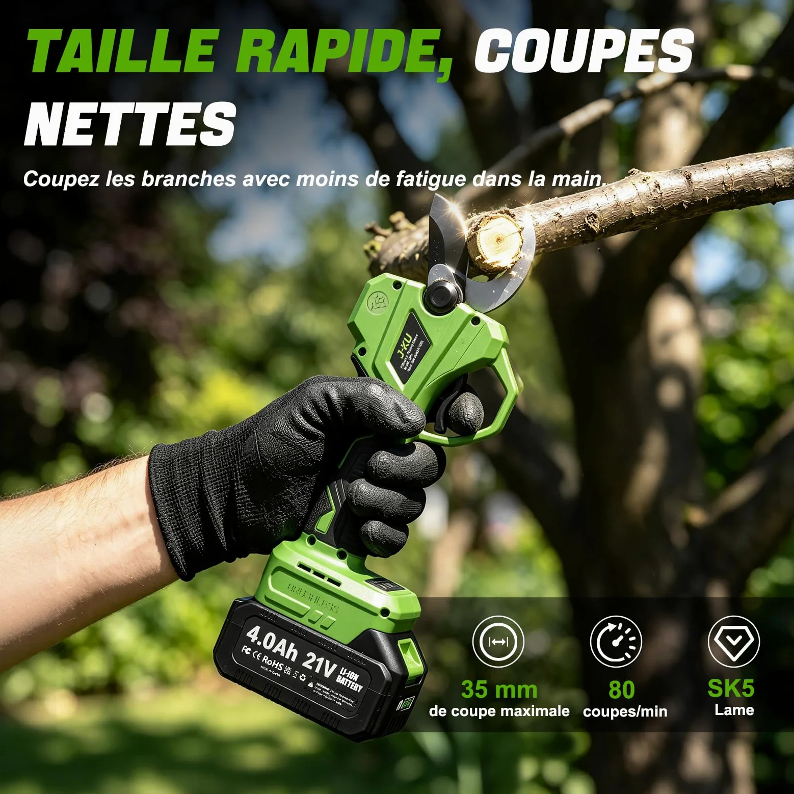 J-KU Élagueuse sur Perche 4 en 1 sans Fil avec Batterie, Mini Tronçonneuse 20 cm (8 Pouces) & Sécateur Électrique 35 mm, Perche Télescopique 2,6 m, 2×4000 mAh, Outils de Jardin