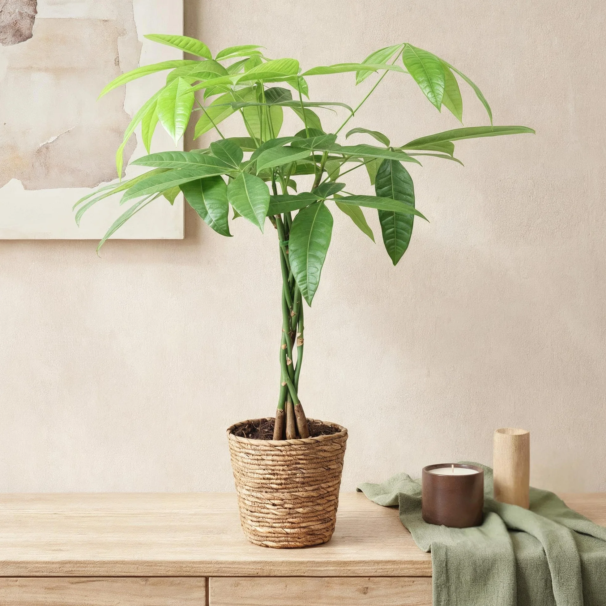 Pachira Aquatica tige tressée Arbre à monnaie Plante d'intérieur Pot 17cm 60-70cm Vert