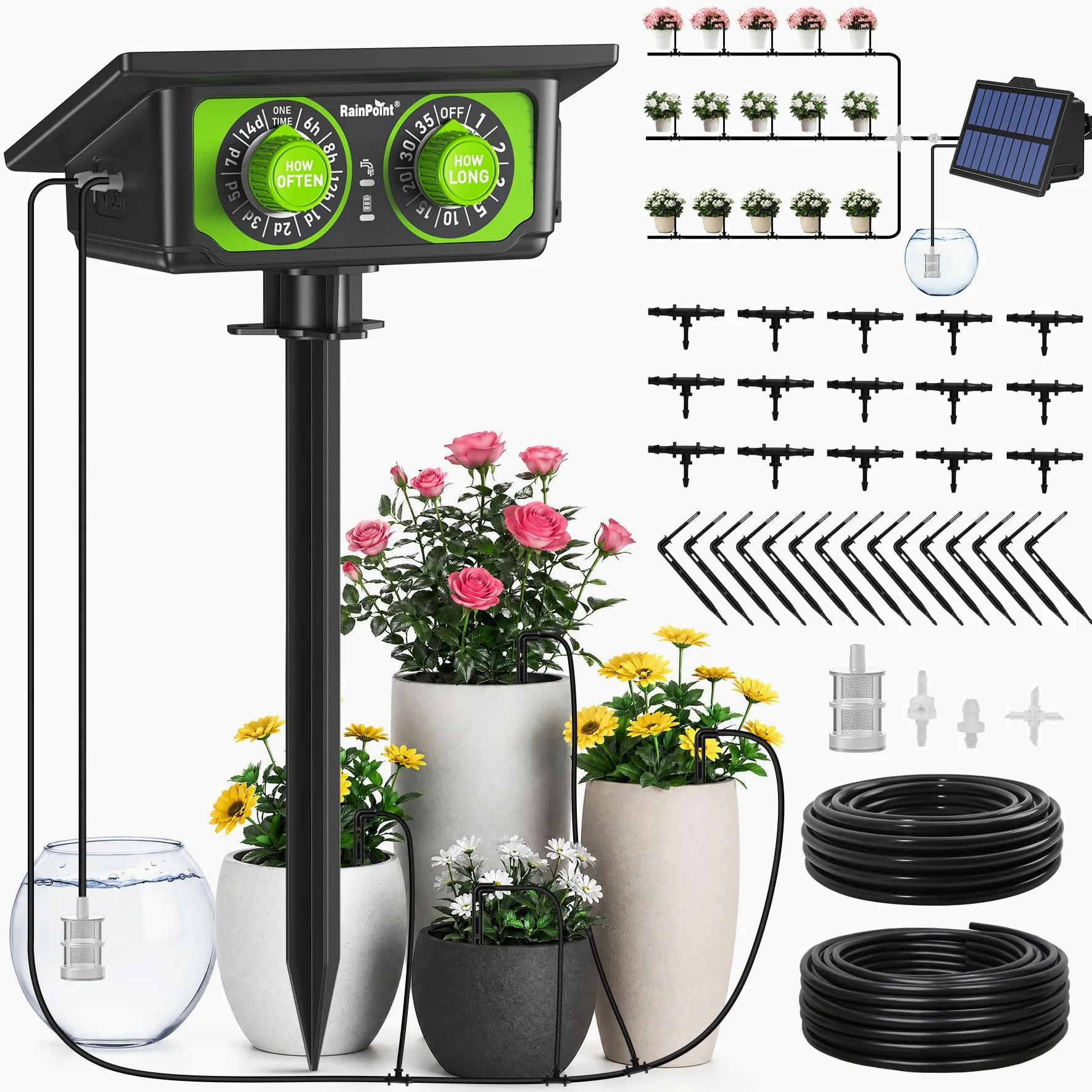RAINPOINT Kit D'arrosage Goutte à Goutte Solaire, nouveau tuyau pour une distribution d'eau uniforme, kit d'irrigation automatique pour balcons avec 90 modes de minuterie + tuyau de 15 m, anti-siphon