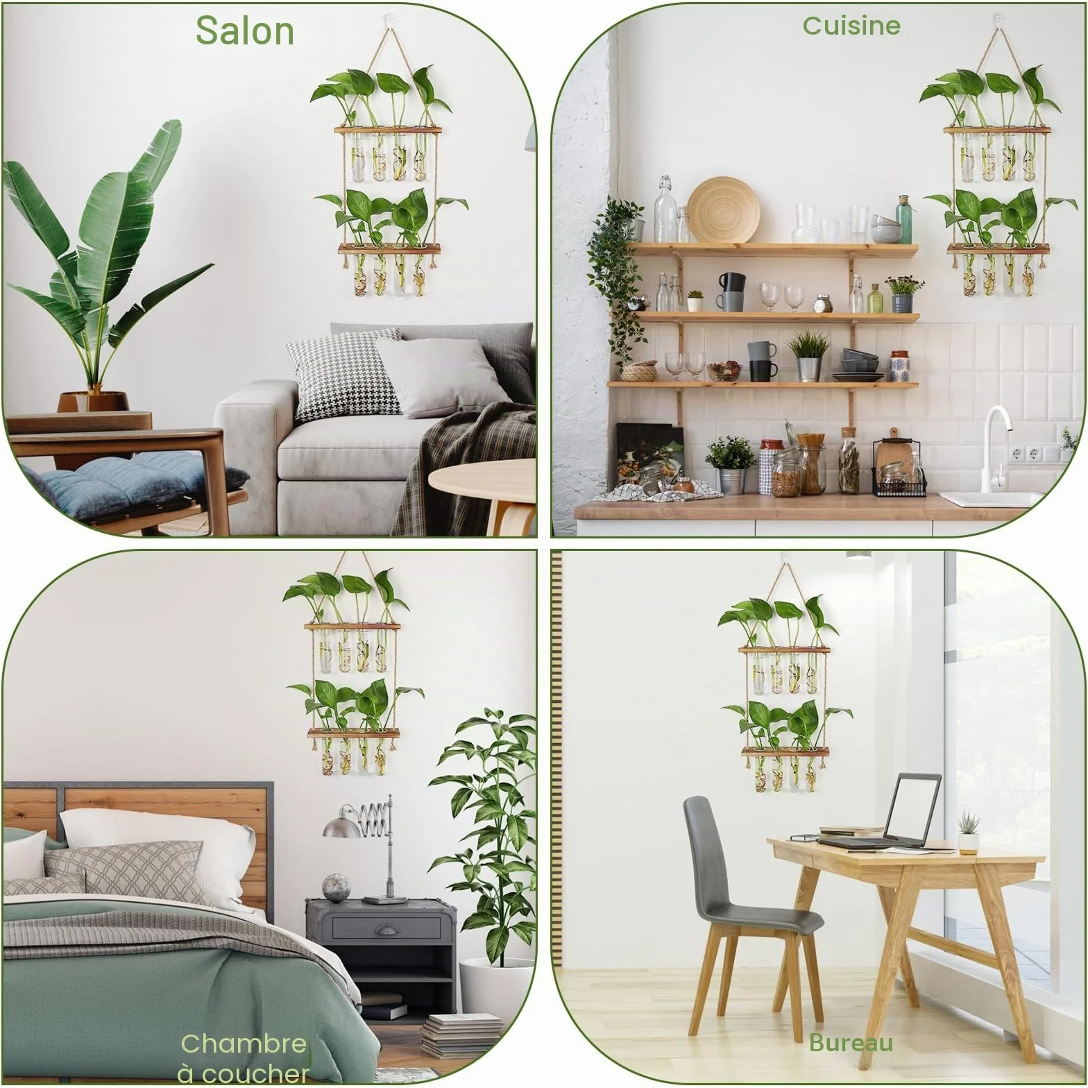 Vase Mural en Verre 2 Étage, 8PCS Vase Tube à Essai, Pot de Fleur avec Support en Bois, 42x20cm