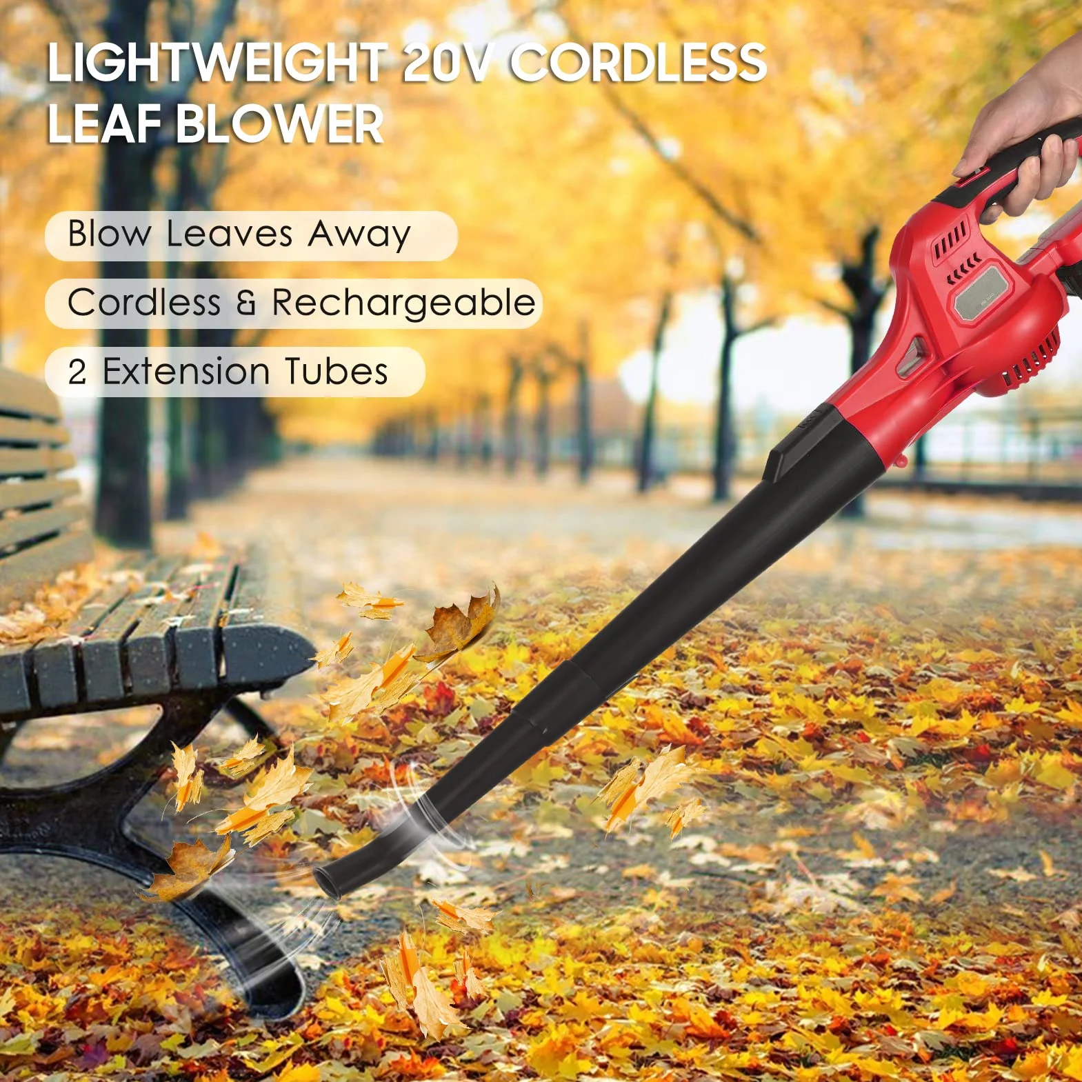 Weytoll Souffleur à Feuilles 20 V, léger, Portable, avec 2 Tubes d'extension Amovibles et Batterie de 2,0 Ah, pour gouttières, Jardins, pelouses