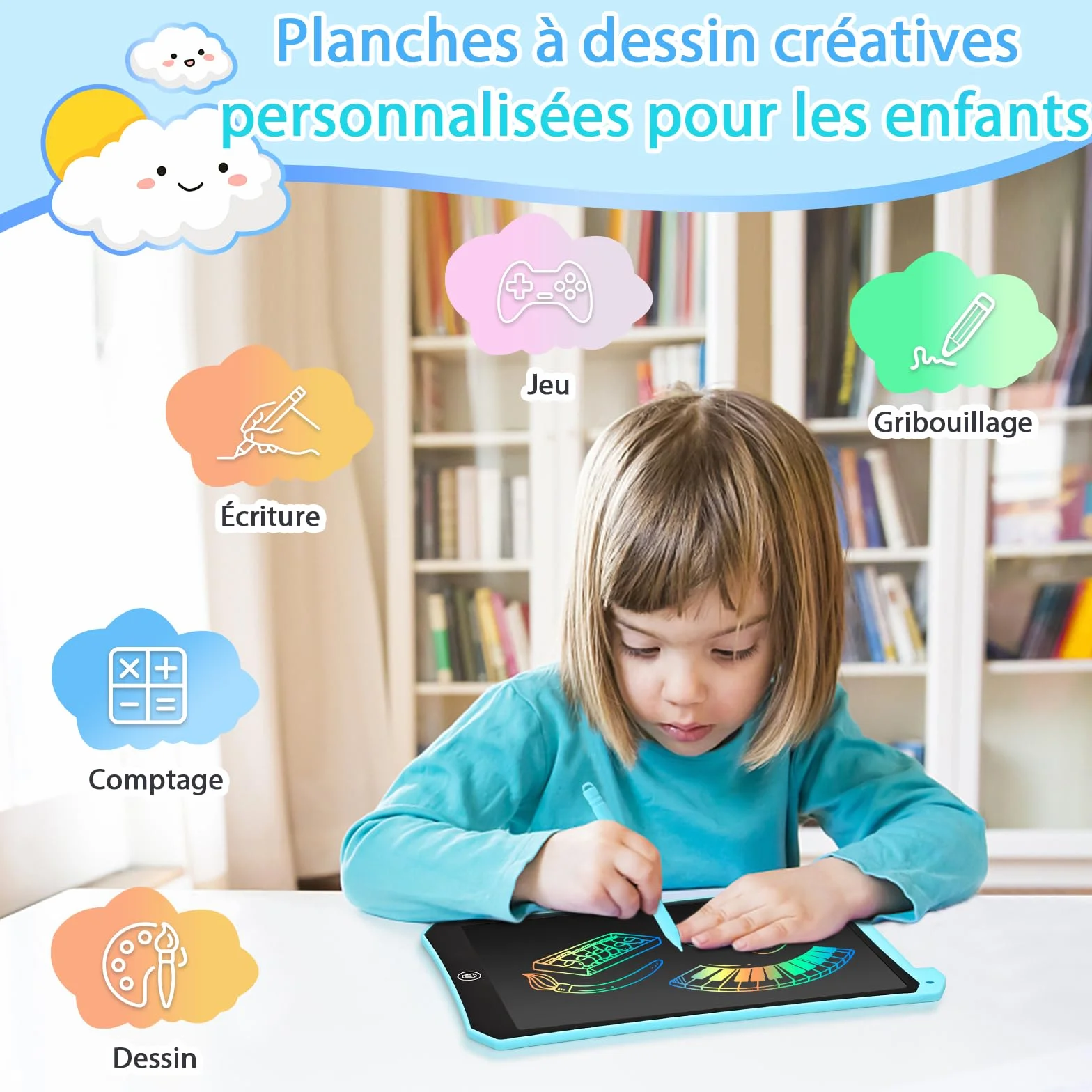 BlueSwan Tablette Magique Enfant 10 Pouces LCD, Jouet Voyage Avion Voiture, Cadeau Rentrée Anniversaire Noël (Bleu+Rose)