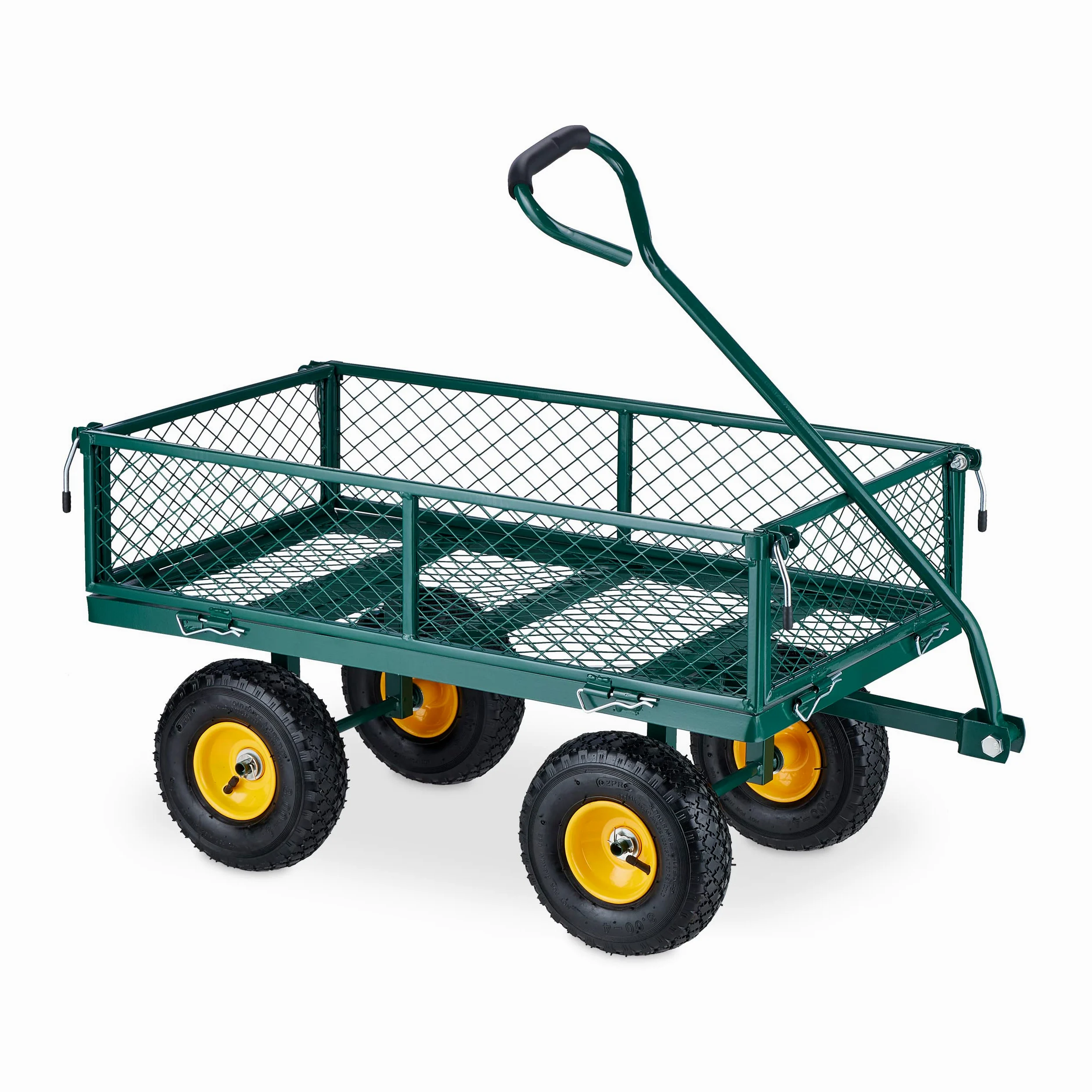 Relaxdays Chariot de Jardin Pratique, Roues pneumatiques, Parties latérales Pliables, Charge Max. 200 kg, Vert/Jaune