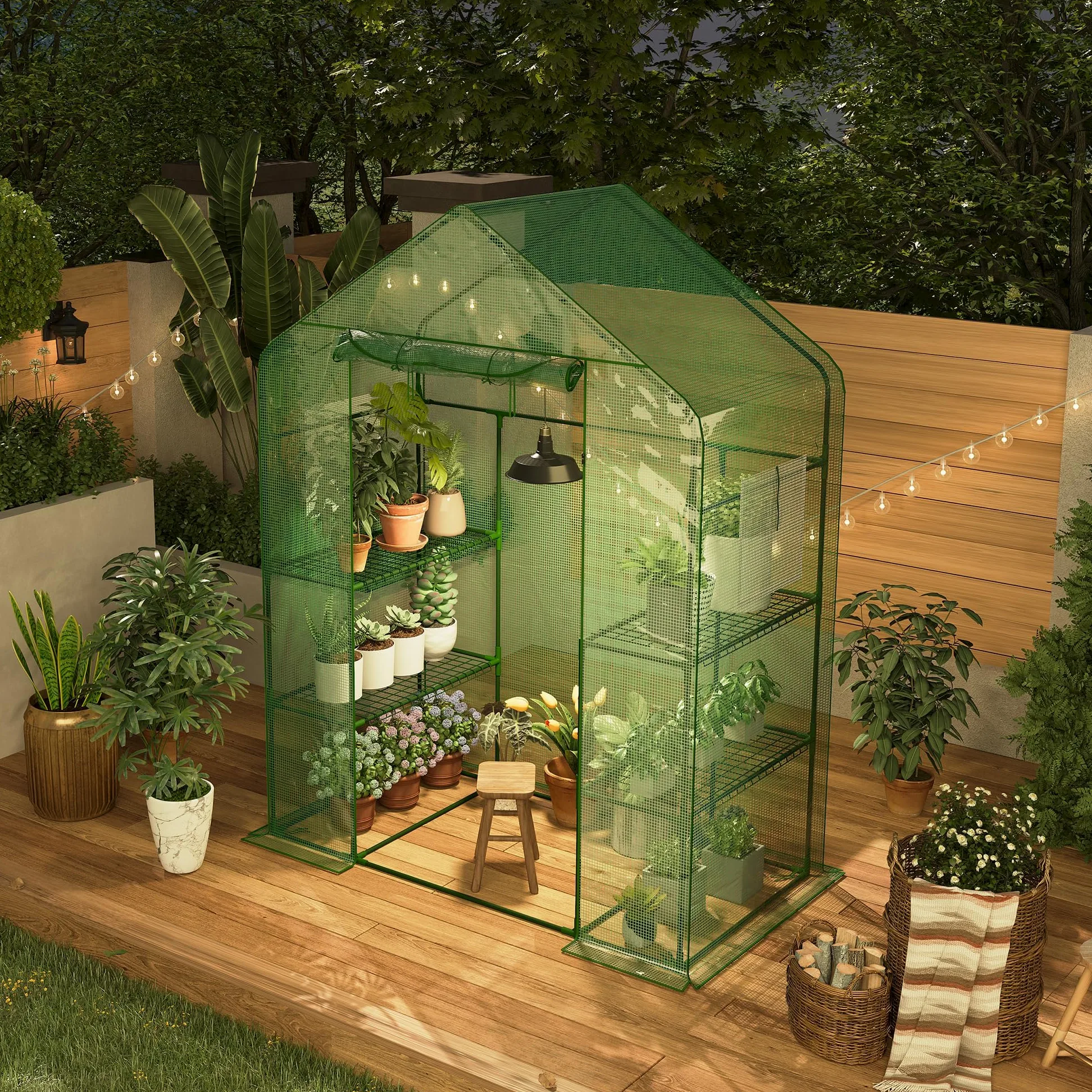 Garvee Serre de jardin à abri Walk-in, 143 x 73 x 195 cm, serre pour plantes avec couverture en polyéthylène 140 g, imperméable et structure en acier, 4 étagères amovibles, 1 porte et 2 fenêtres, vert