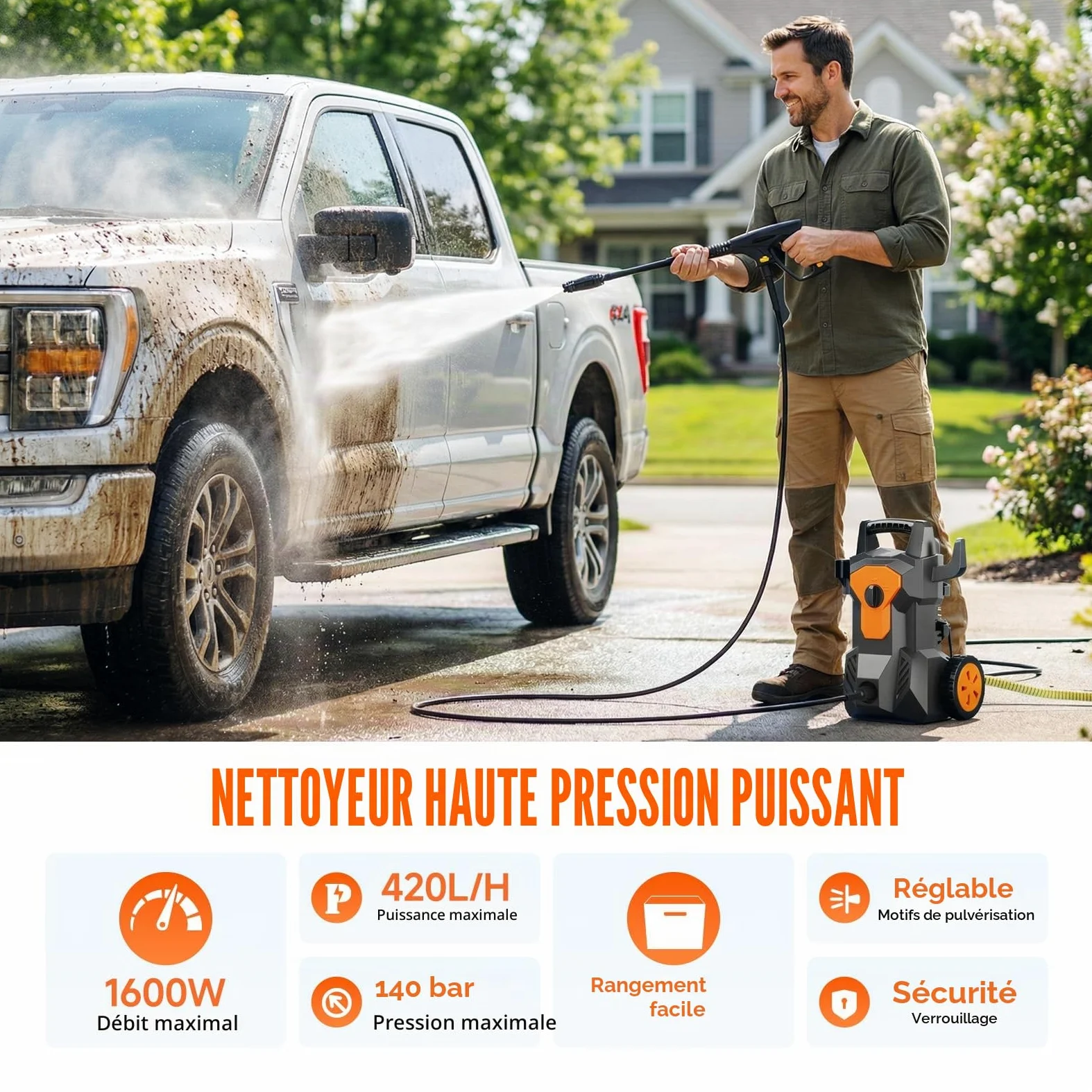 Nettoyeur Haute Pression, Max. 140 Bar, Puissance 1600 W, Débit de 420 l/h, avec Buse Réglable, Pistolet, 8M Tuyau, 2M câble, Pot en Mousse pour Voiture Terrasse Jardin Irrigation