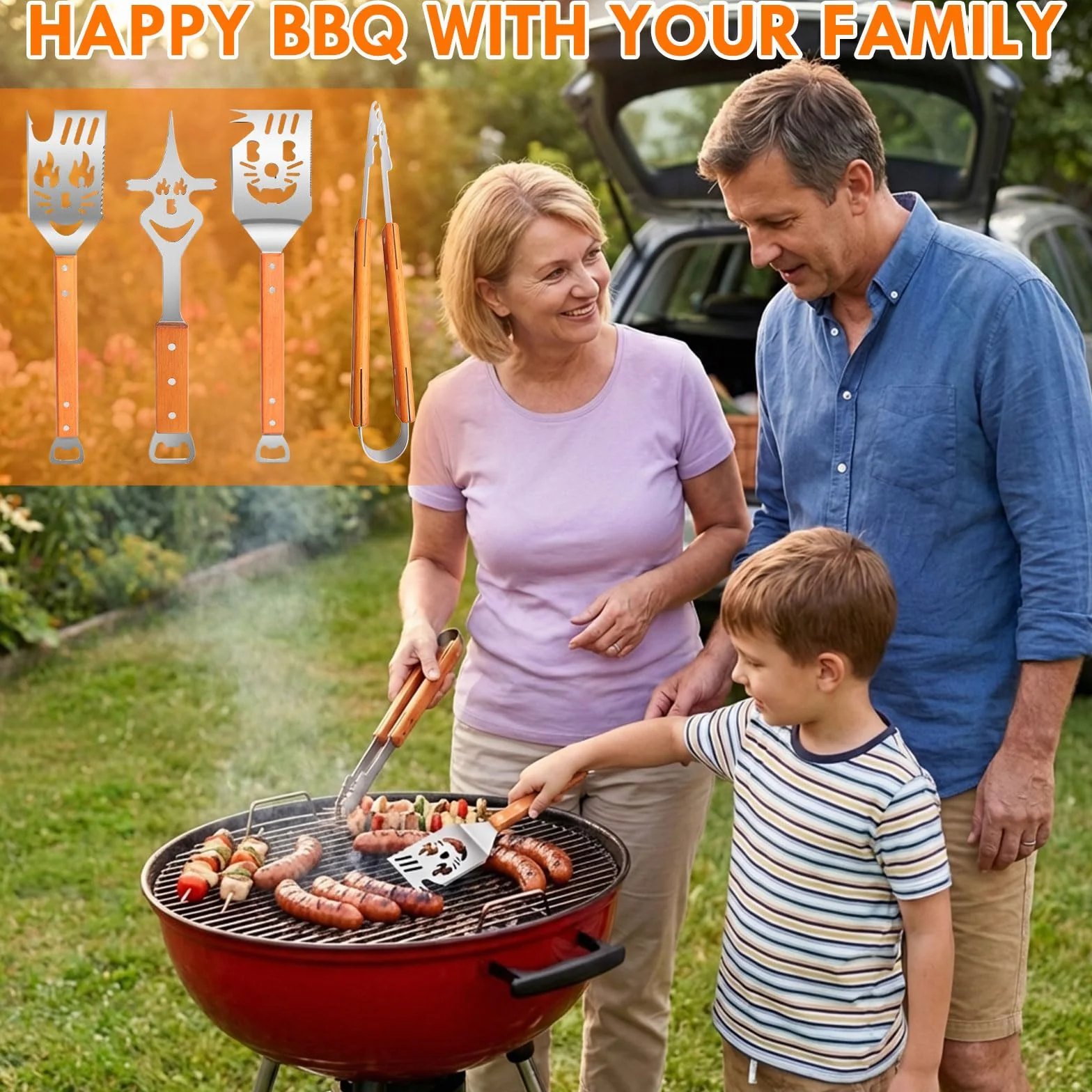 Ensemble d'ustensiles de barbecue en acier inoxydable 4 pièces avec pinces, spatule, fourchette à viande, manches en bois