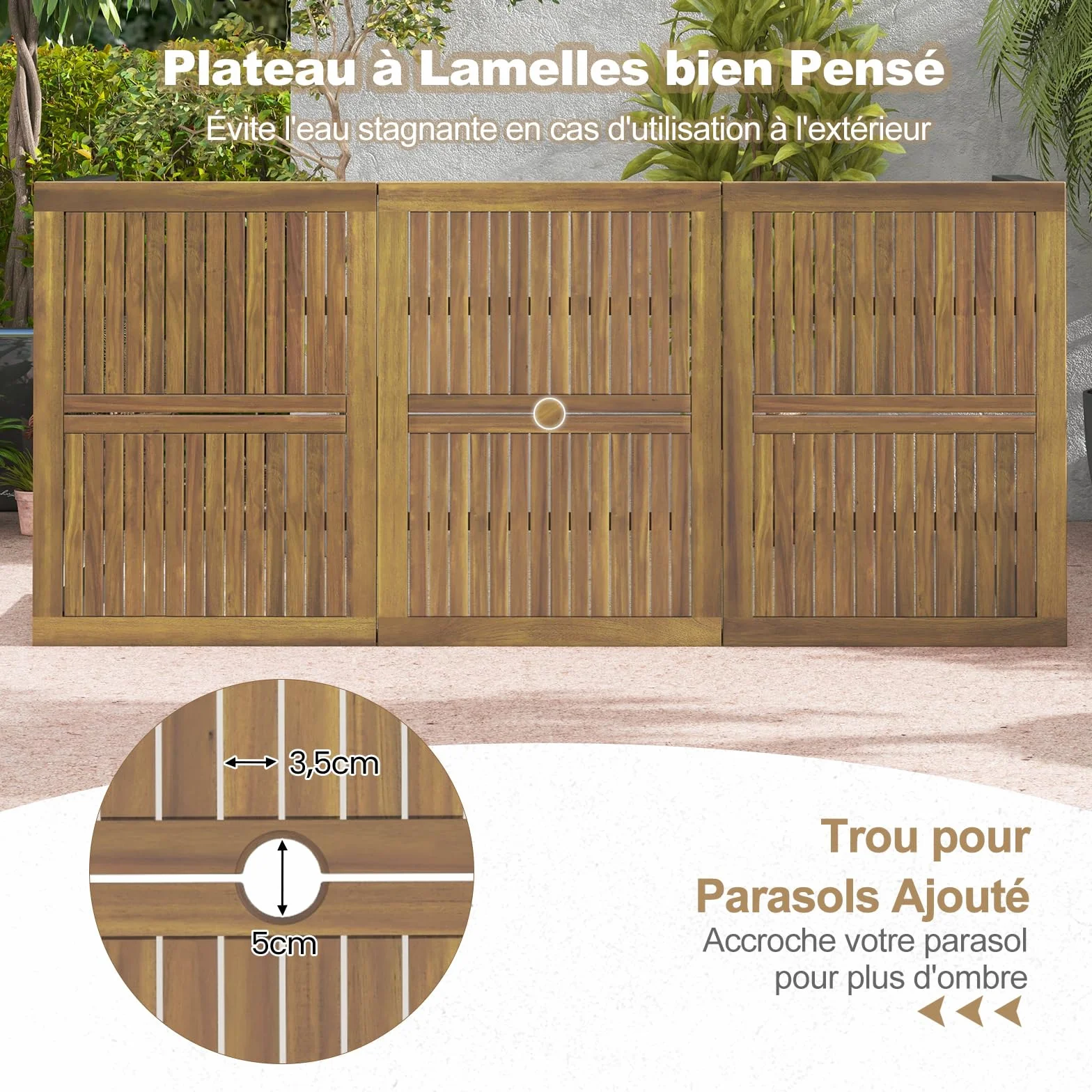 COSTWAY Table de Jardin 200 CM 8 Personnes, Table Exterieur en Bois d’Acacia avec Trou de Parasol, Pieds Métal