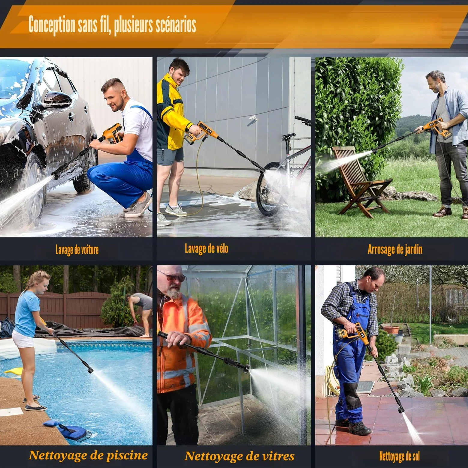 Nettoyeur Haute Pression sans Fil 200 Bar Pressure Washer | 21V Pistolet Portable avec 2*4Ah Batteries, 4 débit d'eau réglable,6 en 1 Buse Réglable,5m Tuyau,Mousse, pour Voitures Sol Terrasse