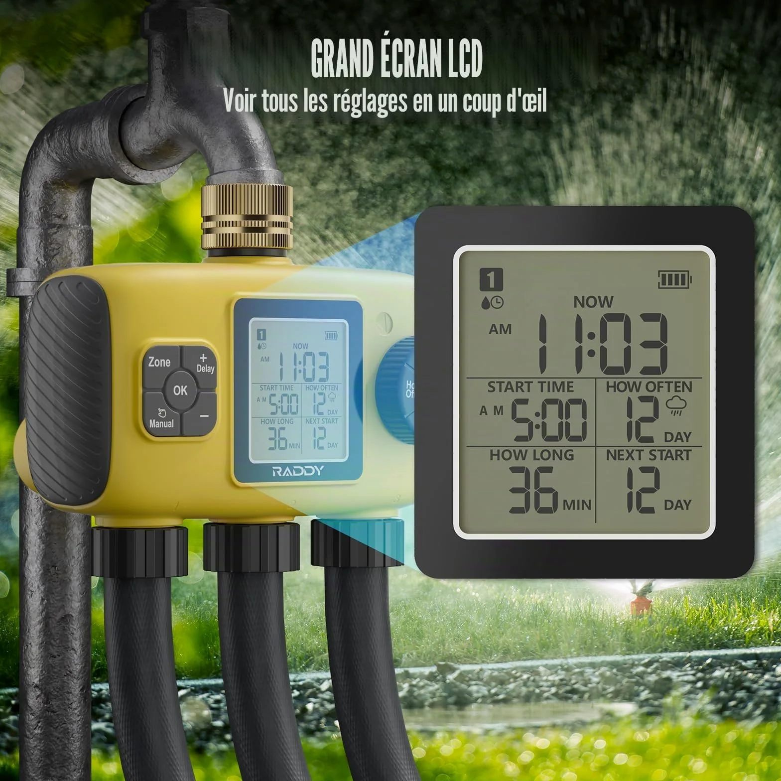 Raddy WS-8 Minuterie d'arrosage 3 Zones, Programmateur d'irrigation Automatique Intelligente, Arrosage Manuel, retardateur de Pluie, Grand écran LCD, IPX5 pour Jardins Cours