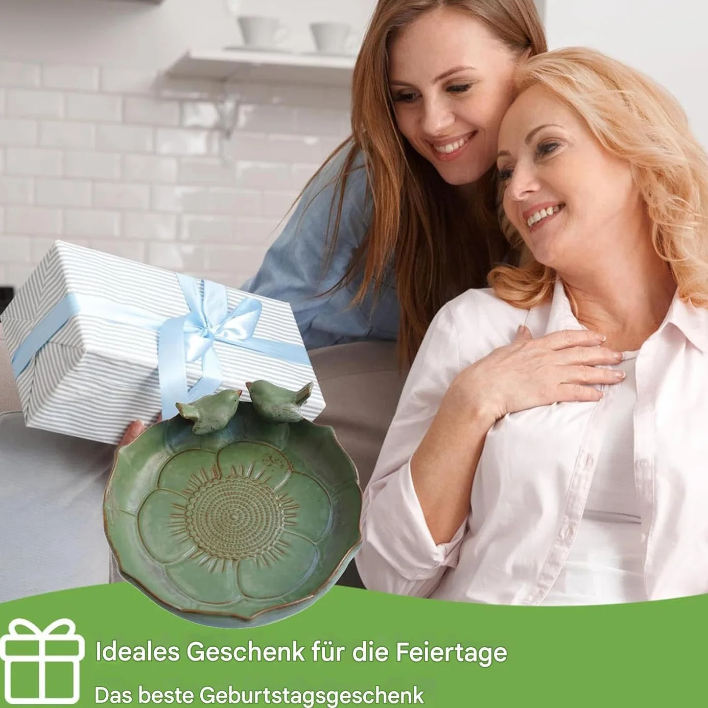 Mangeoire de bain pour oiseaux en céramique avec 2 oiseaux décoratifs pour extérieur