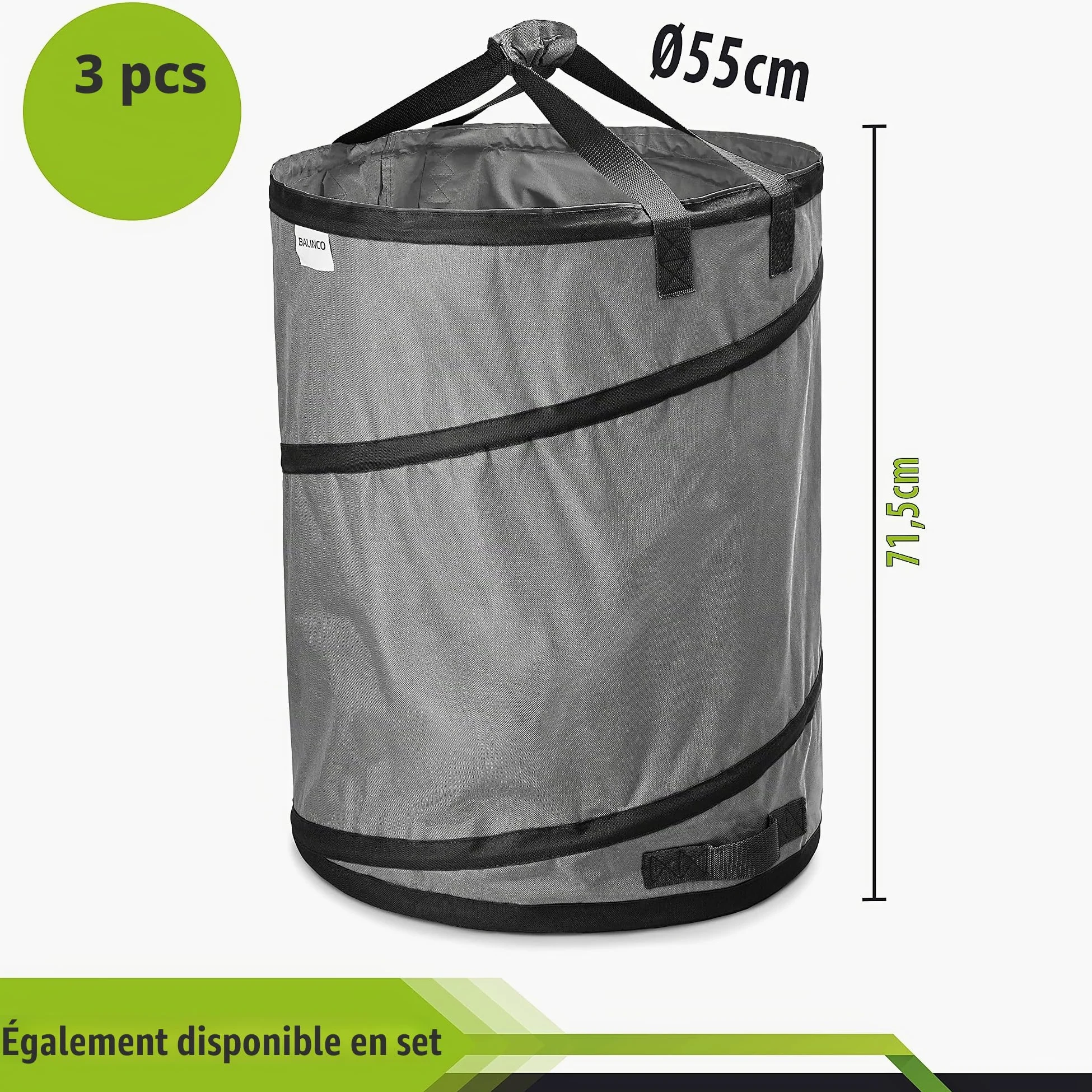 3x Sacs de jardin gris autoportant & stable 170 litres - Sac à déchets & feuilles - polyester résistant 22