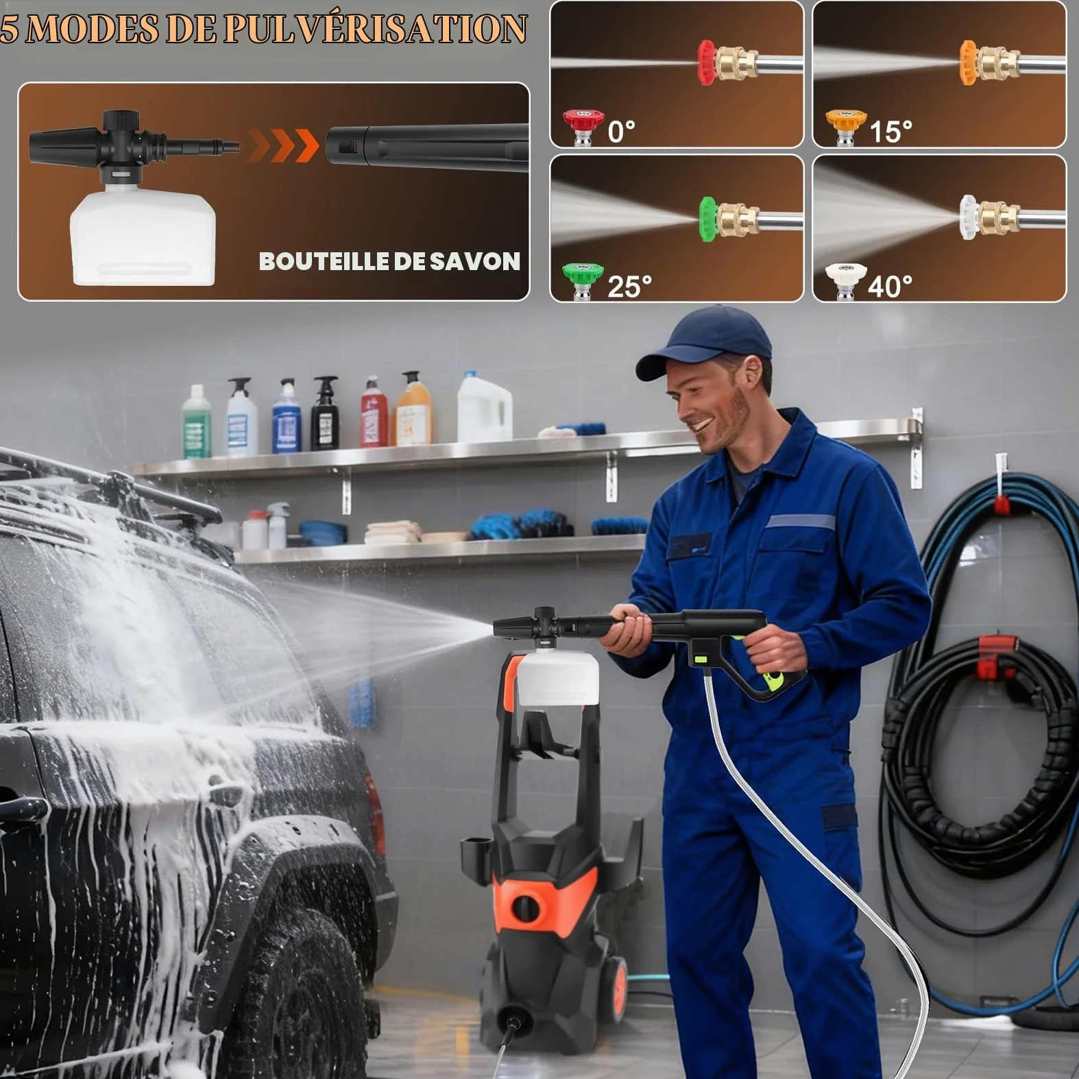 KAOLALI Nettoyeur Haute Pression électrique, 3000 W, Débit 336 L/h | Tuyau Haute Pression de 10m, avec 4 Buses, Lance à Mousse, pour Surfaces Extérieures et Autos