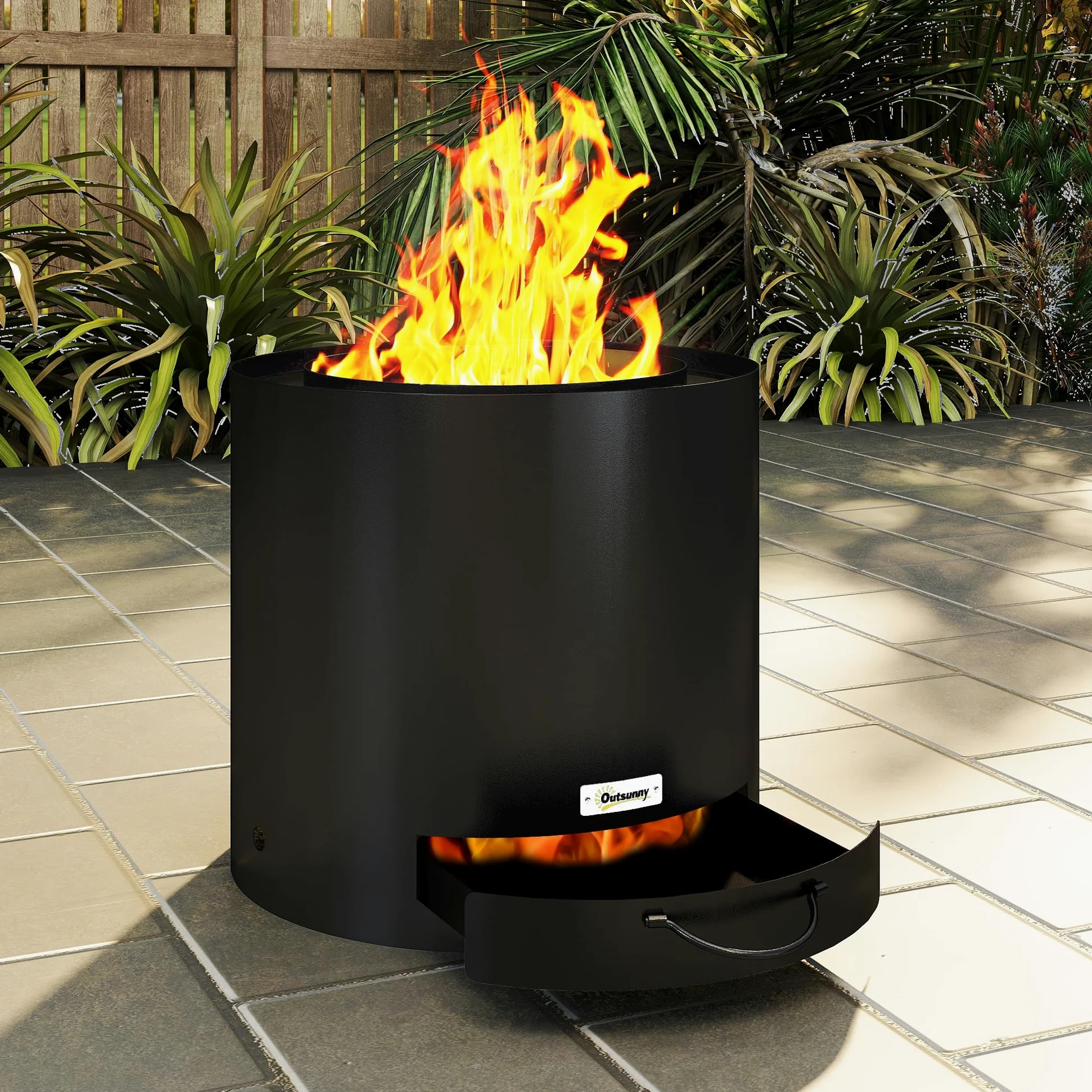 Outsunny Brasero extérieur Ø 45 cm avec bac à Cendres, Acier Noir | Tisonnier inclus, chauffage à charbon de bois pour jardin, camp, cour