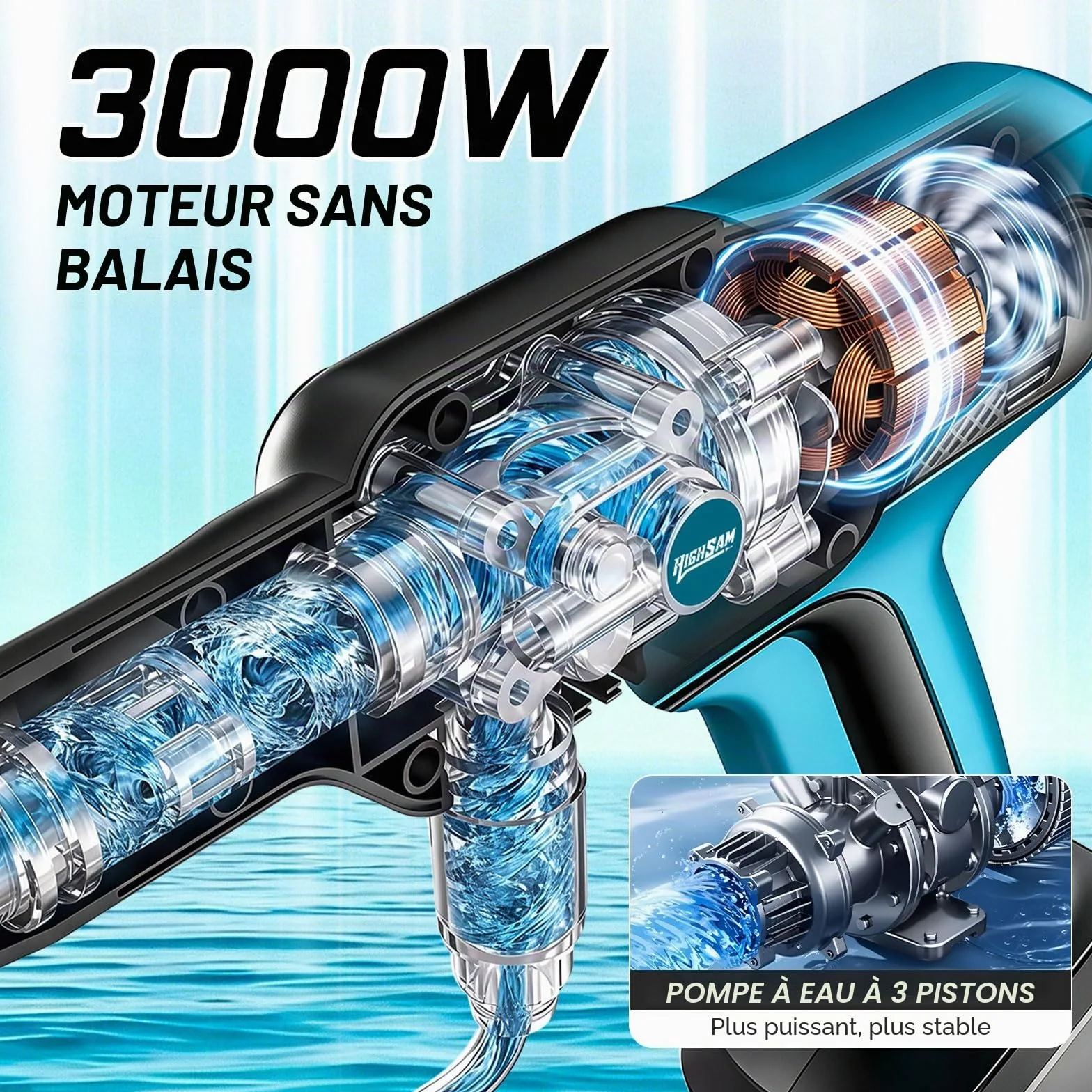 Nettoyeur Haute Pression sans Fil, Moteur sans Balais 3000 W, Mode 3 Vitesses, Maximum 100 Bar, Batterie De avec 2 Batteries 4,0 Ah, Buse Rotative 5 en 1, pour La Voiture Et La Maison