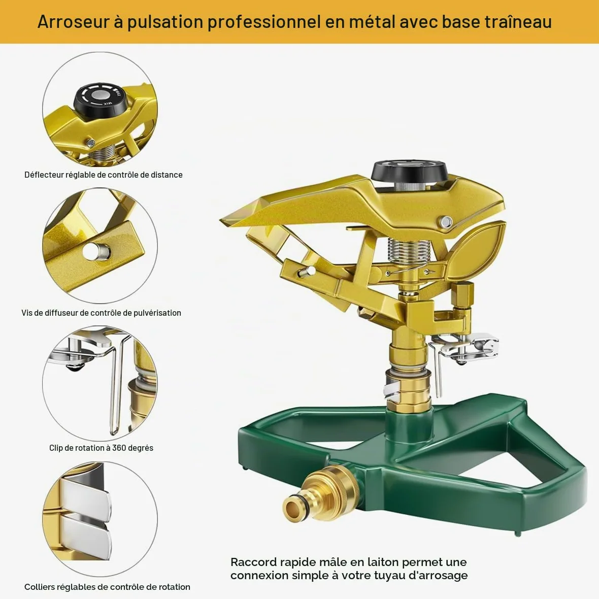 FANHAO Arroseurs pour Jardin à Impact pulsé avec Base en métal, arroseur Circulaire à Impulsion en Zinc 100% métal réglable pour pelouse et Cour, Couvre jusqu'à 540 m², Couverture à 360 degrés