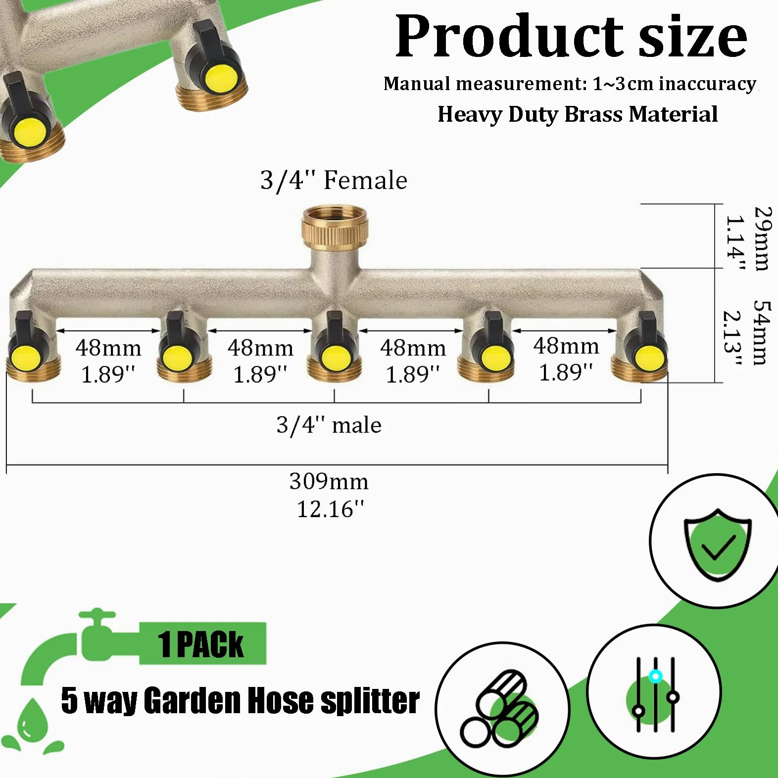 Faucet Splitter avec 5 Voies Raccord Tuyau d'arrosage,3/4" Laiton Adaptateur Tuyau Faucet pour Exterieur Jardin Arrosage Raccord Embout Robinet Connecteur Multi - Robinet Avec 5 Vannes On/Off