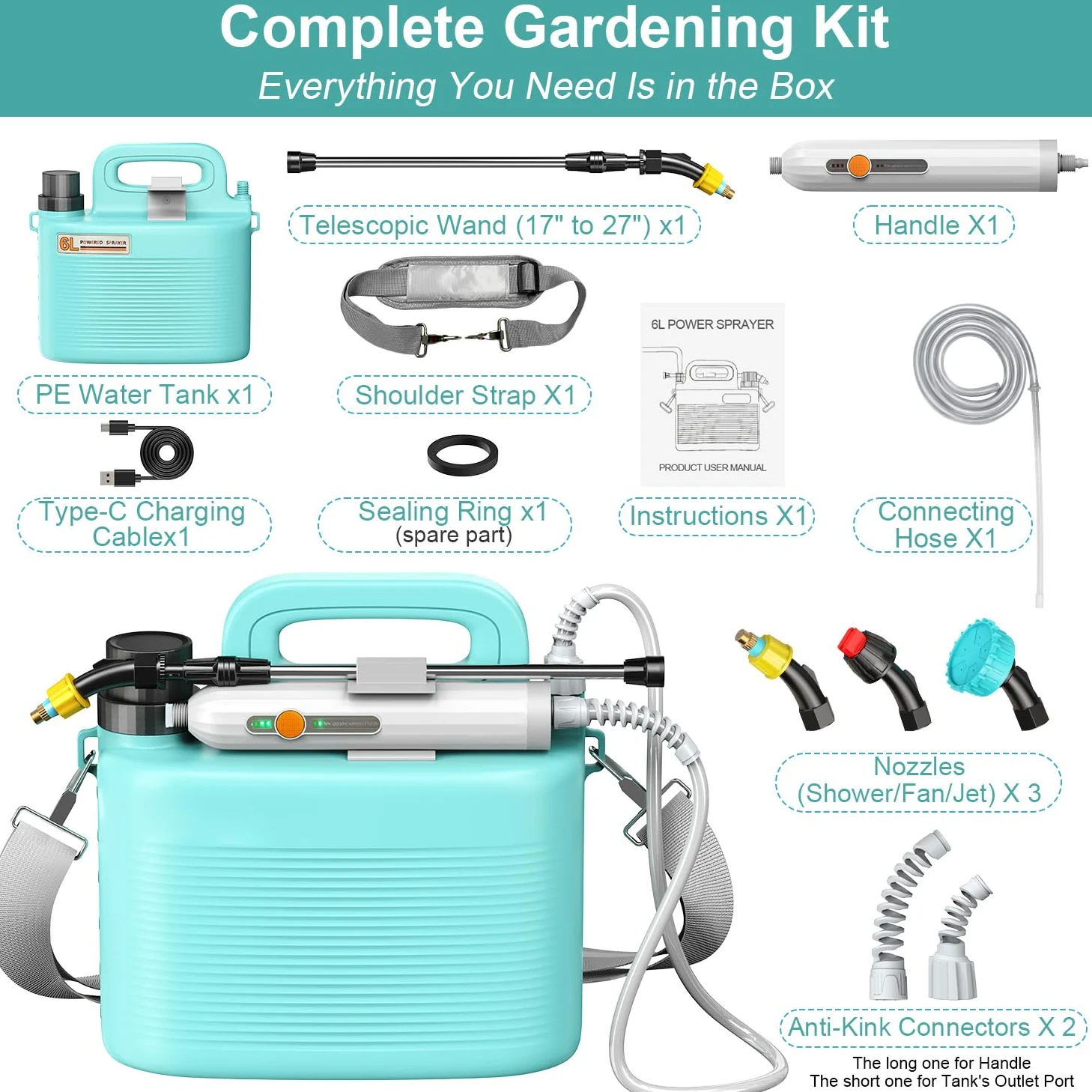 Pulvérisateur de jardin électrique léger à piles de 5 litres avec baguette télescopique et buses réglables, pulvérisateur portable pour arrosage des plantes, entretien de la pelouse, fertilisation