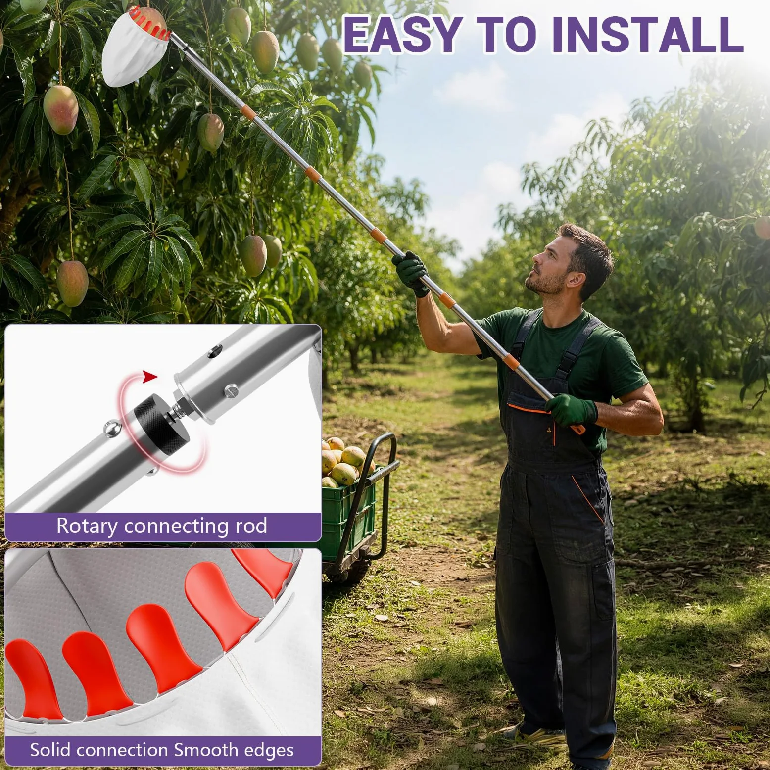 Cueilleuse à fruits avec manche télescopique de 6 m - Diamètre : 16 cm | Cueilleuse à prunes avec sac de rangement