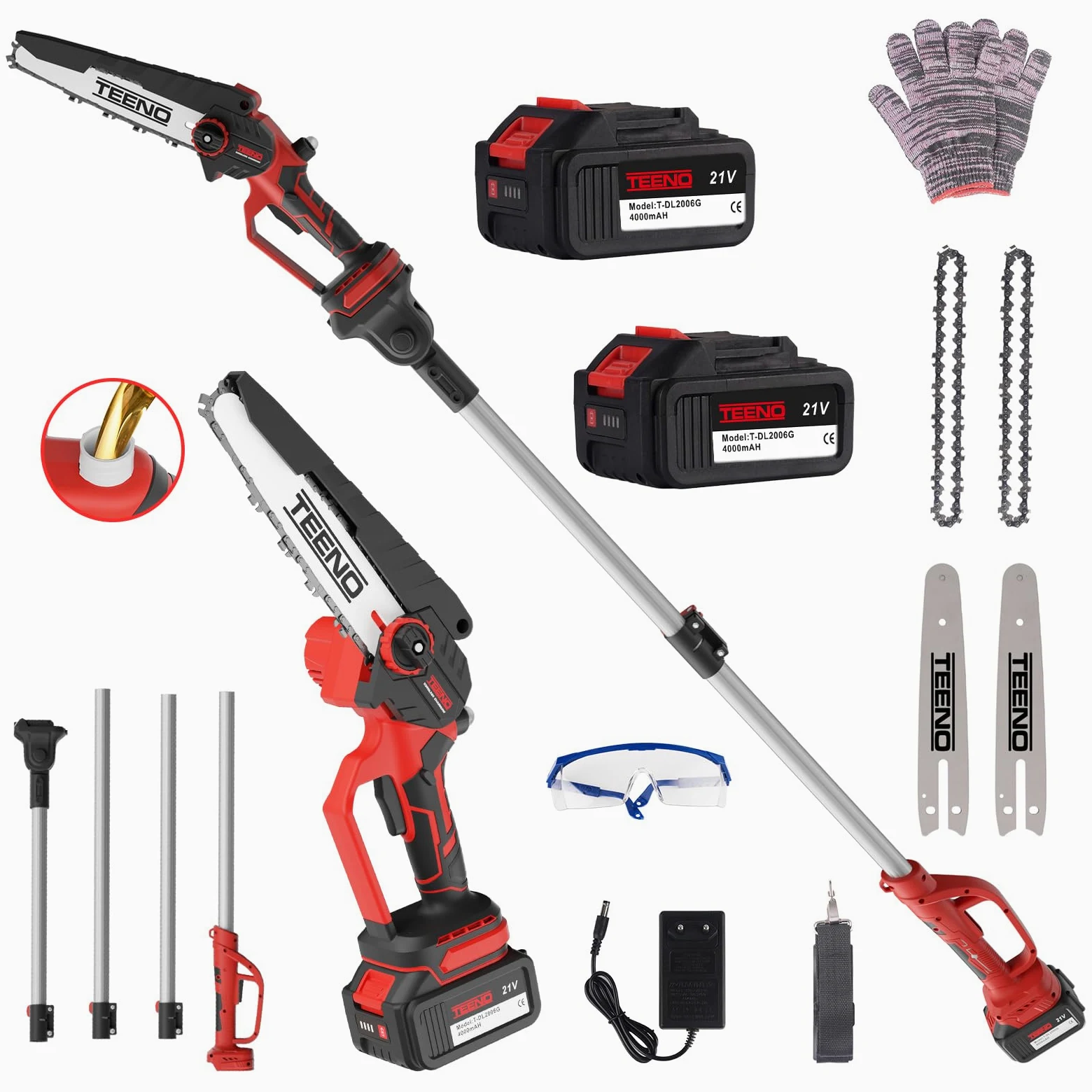 TEENO Tronçonneuse électrique 2-en-1丨Avec rallonge télescopique détachable | Guide-chaîne 2*6 pouces丨2 batteries 4 Ah丨2 chaînes丨Angle réglable à 180°丨Idéale pour le jardinage et l'élagage