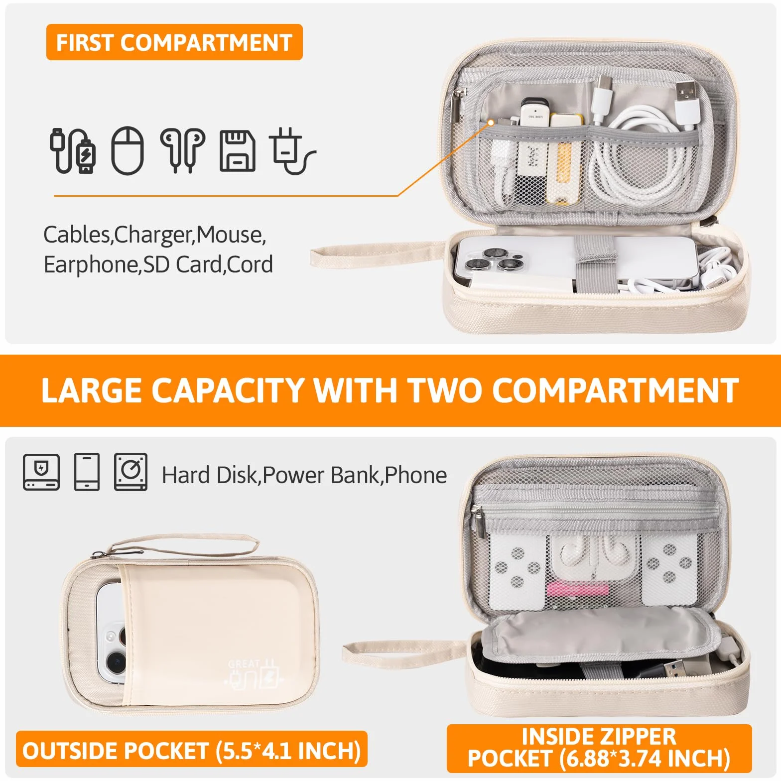 OrgaWise Sac Électronique Multifonctionnel Portable Étanche Rangement pour Disques Durs, Chargeurs, Câbles, Cartes Mémoire