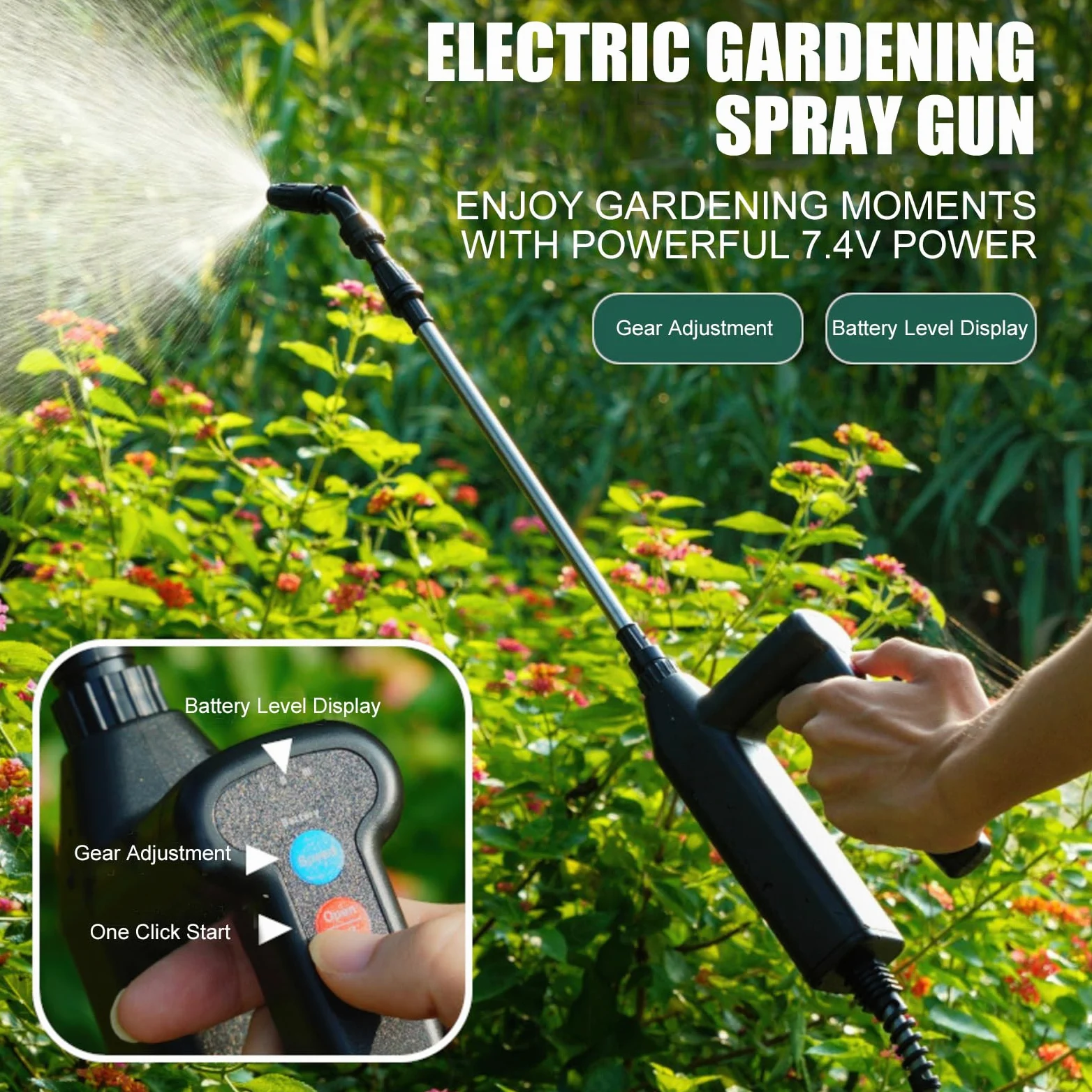 OBEST Pulvérisateur Électrique à Pression Multi-Vitesse Rechargeable | Perche Télescopique avec Tuyau de 5M et 4 Buses, Pulvérisateur Portable de Jardin pour Patio, Pelouse, Lavage de voiture