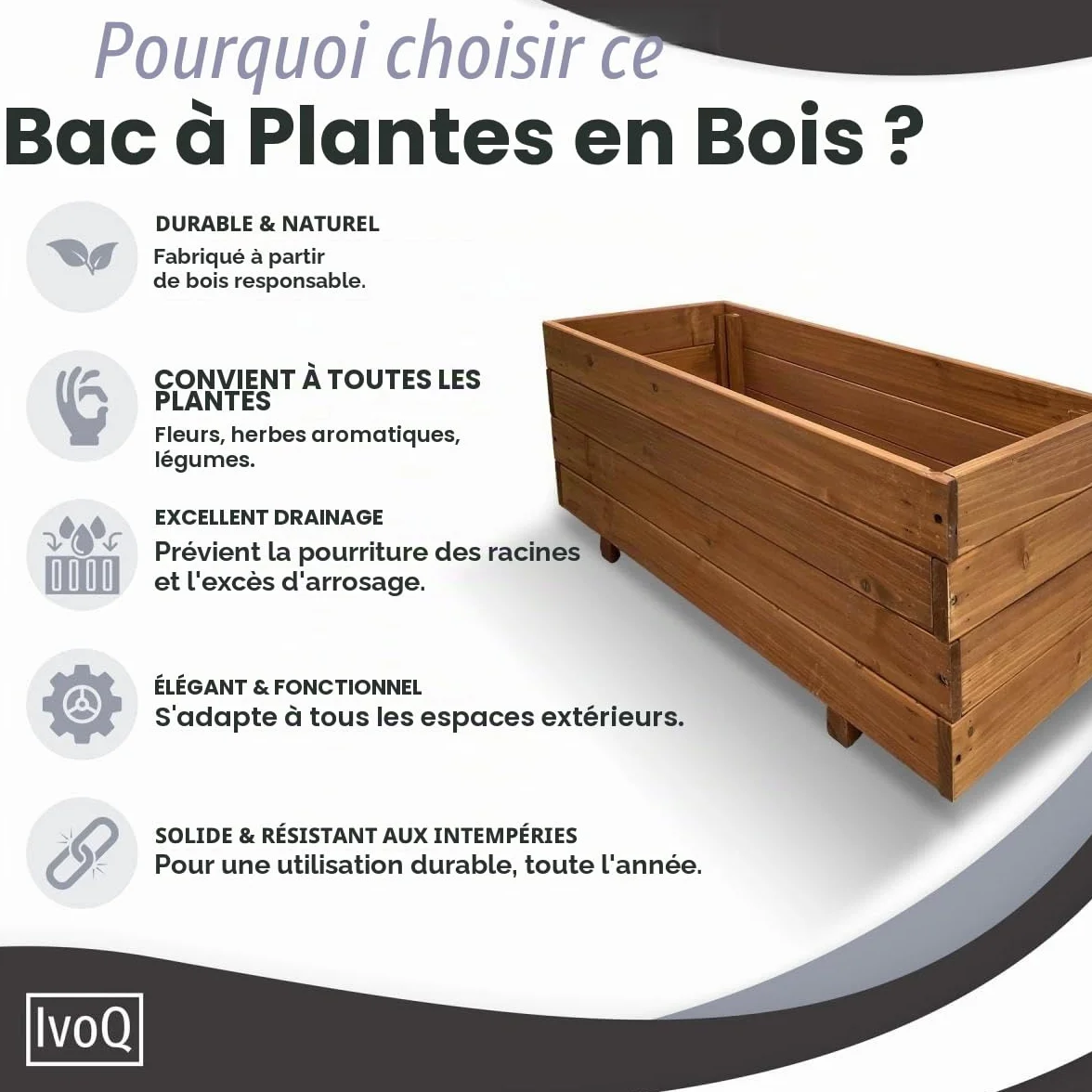 Jardinière en bois 80 x 40 x 32 cm – Bois d'épinette massif FSC – Résistante aux intempéries avec drainage et sac non tissé