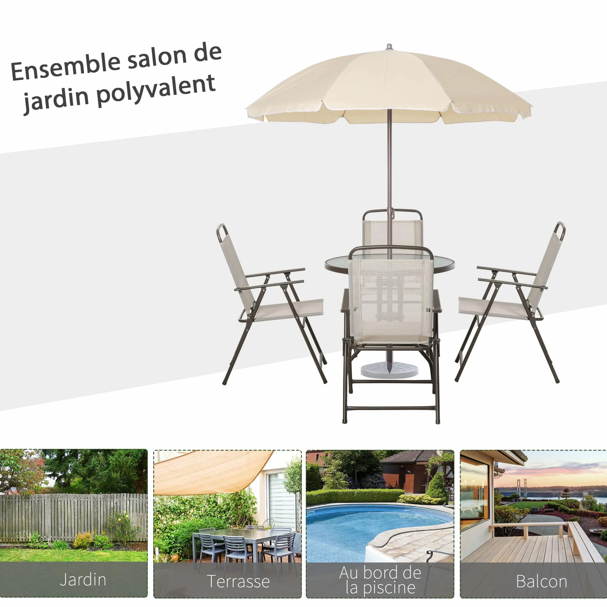 Outsunny Salon de Jardin 6 pièces Table Ronde Chaises Pliables Parasol Acier époxy Polyester Beige