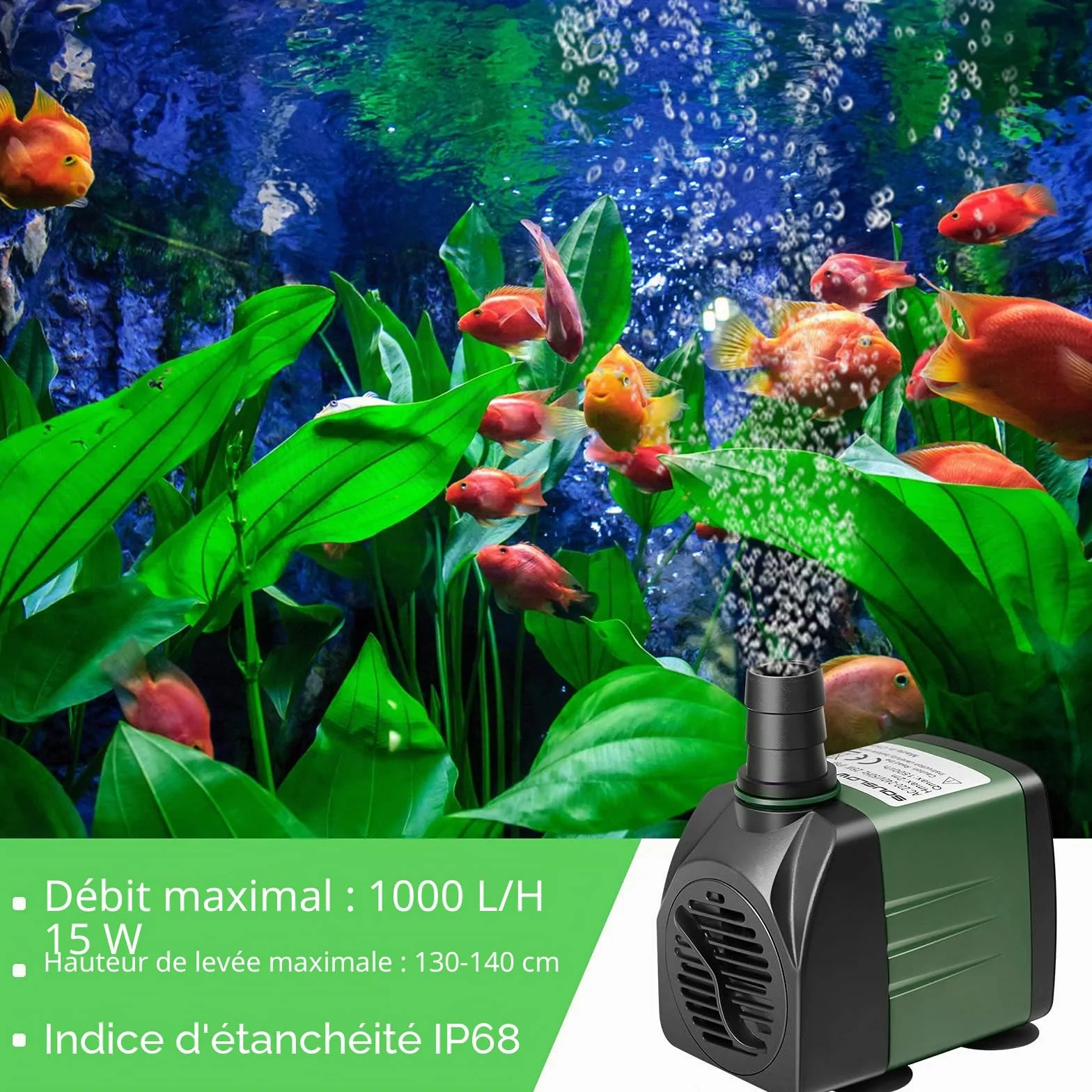 Pompe à eau submersible 15W 1000 L/H AC220-240V avec 1 buse pour aquarium