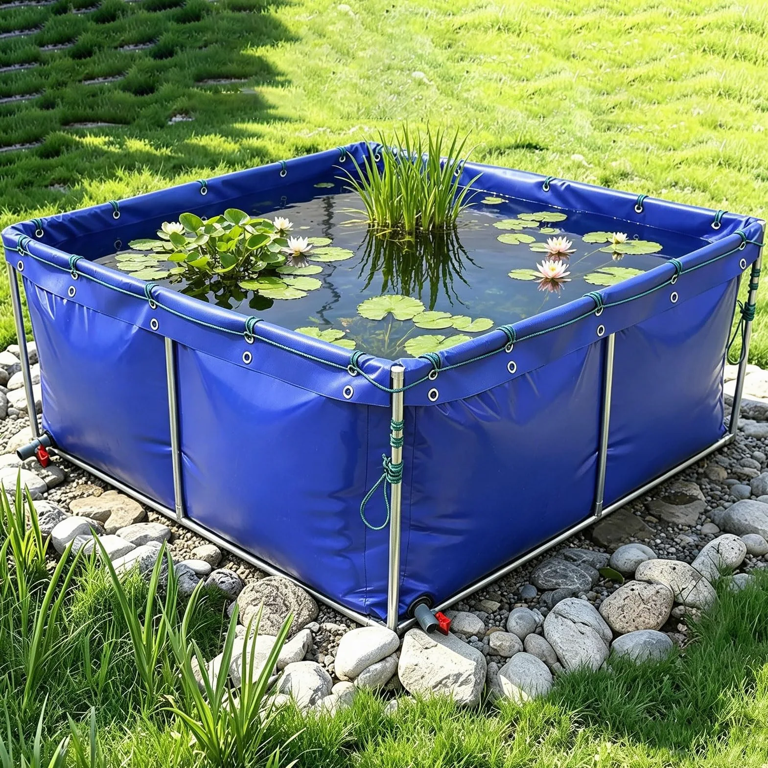 Étang à poissons en toile pliante épaissie,réservoir de rétention de bâche imperméable multifonction,piscine de jardin en toile VC avec valve de vidange pour Koi Bing et irrigation(2x2x1.0m)