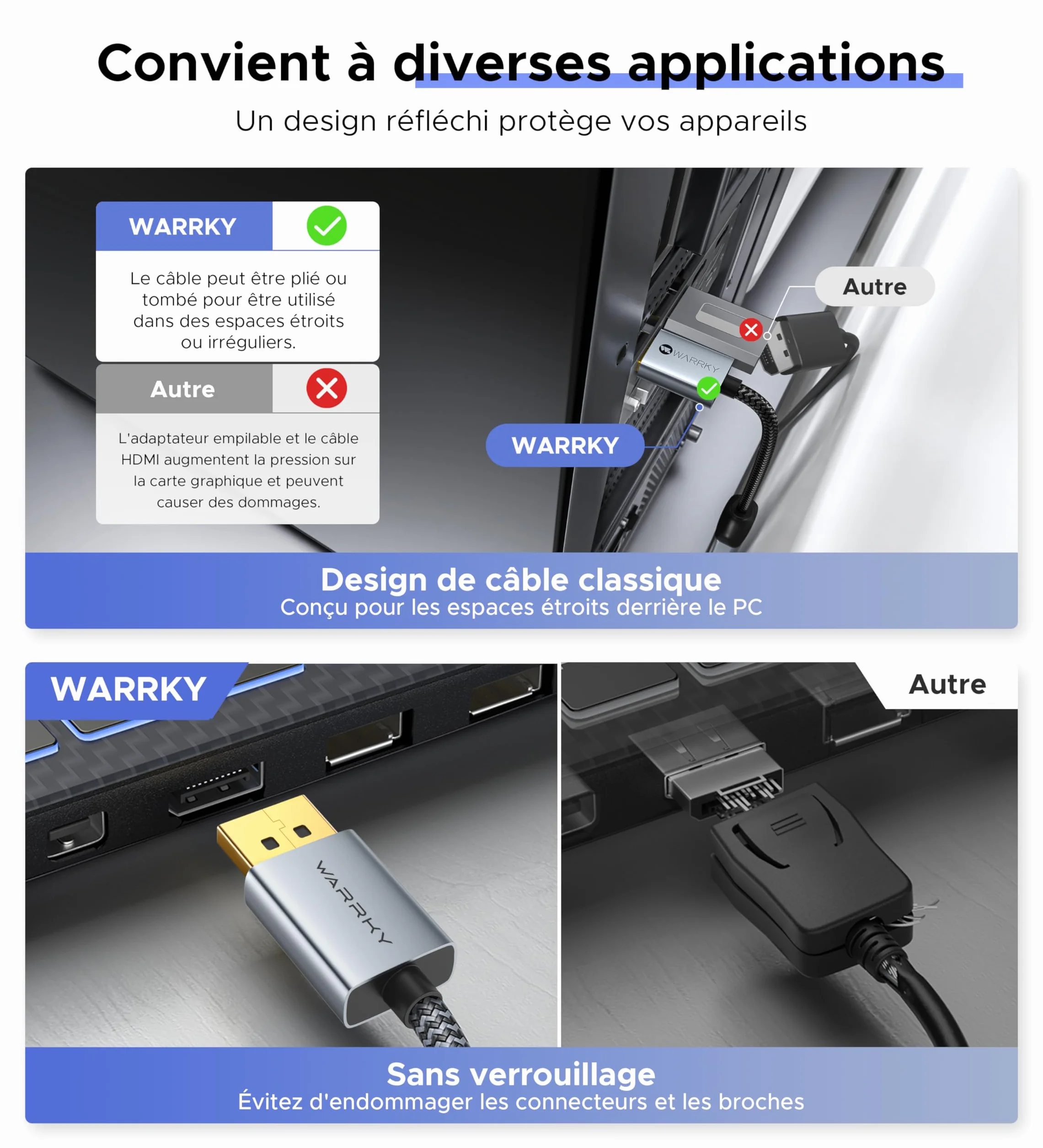 WARRKY Adaptateur DisplayPort vers HDMI 4K, Convertisseur DP 1.2 vers HDMI 1.4 Nylon Tressé pour Lenovo, HP, Dell, ASUS - Gris