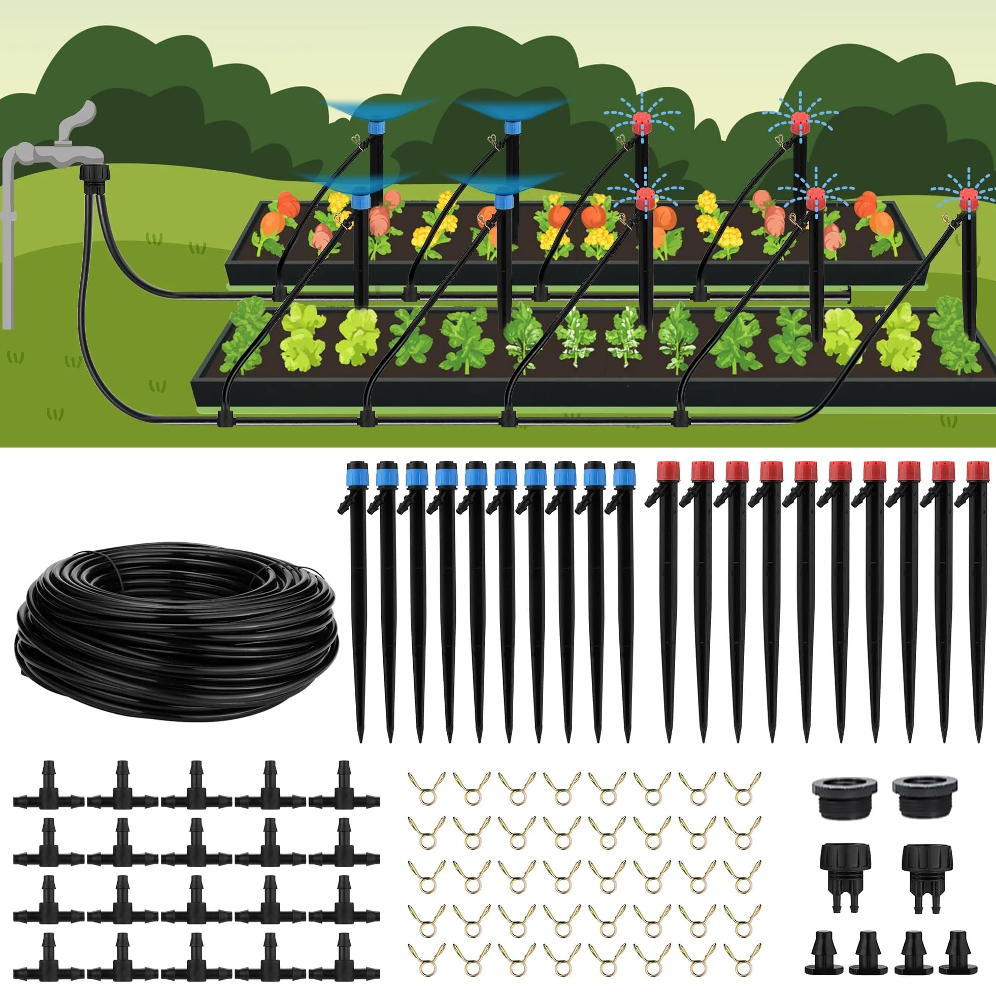 Kit de 90 systèmes d'irrigation goutte à goutte, système d'arrosage automatique à connexion rapide avec buses réglables et arroseurs pour serre de jardin, fleurs, pelouse, plantes en pot