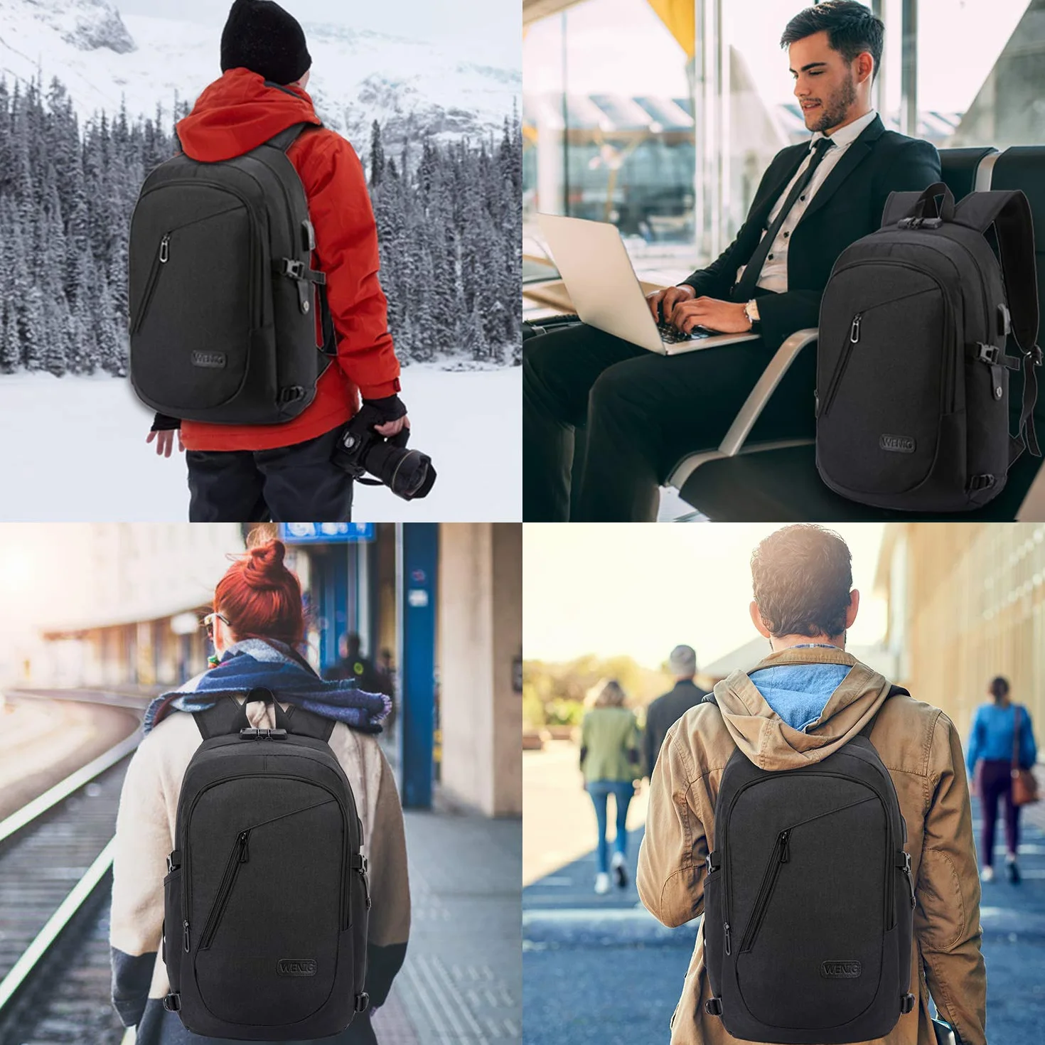 Antivol Sac à Dos Ordinateur Portable 15.6 Pouces Homme Imperméable USB Charging Port Sac à Dos D'affaires Noir