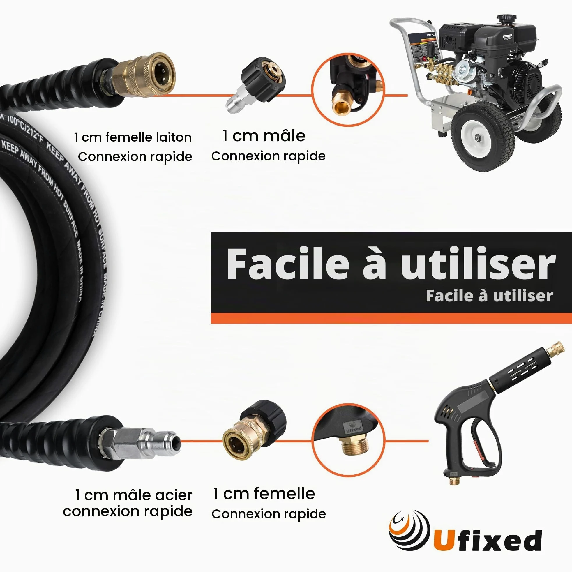 Tuyau flexible pour nettoyeur haute pression 3/8" avec gaine en caoutchouc, 25 pieds, avec raccord rapide rotatif, résistant aux pliures, 4000 PSI, qualité industrielle, renforcé en acier sans